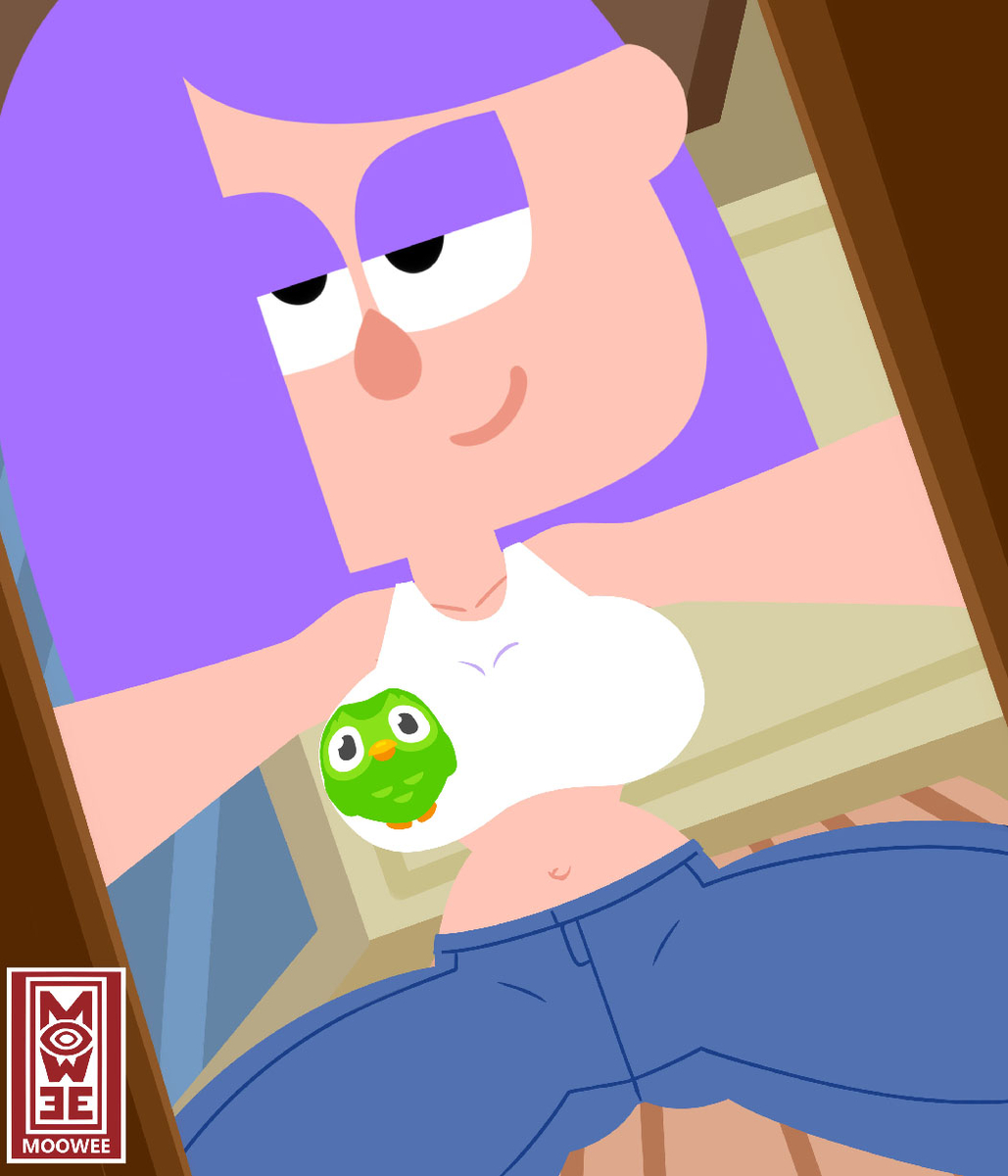 big breasts, cowgirl position, duolingo, female, jeans, lily (duolingo), moowee, on top of another, shirt