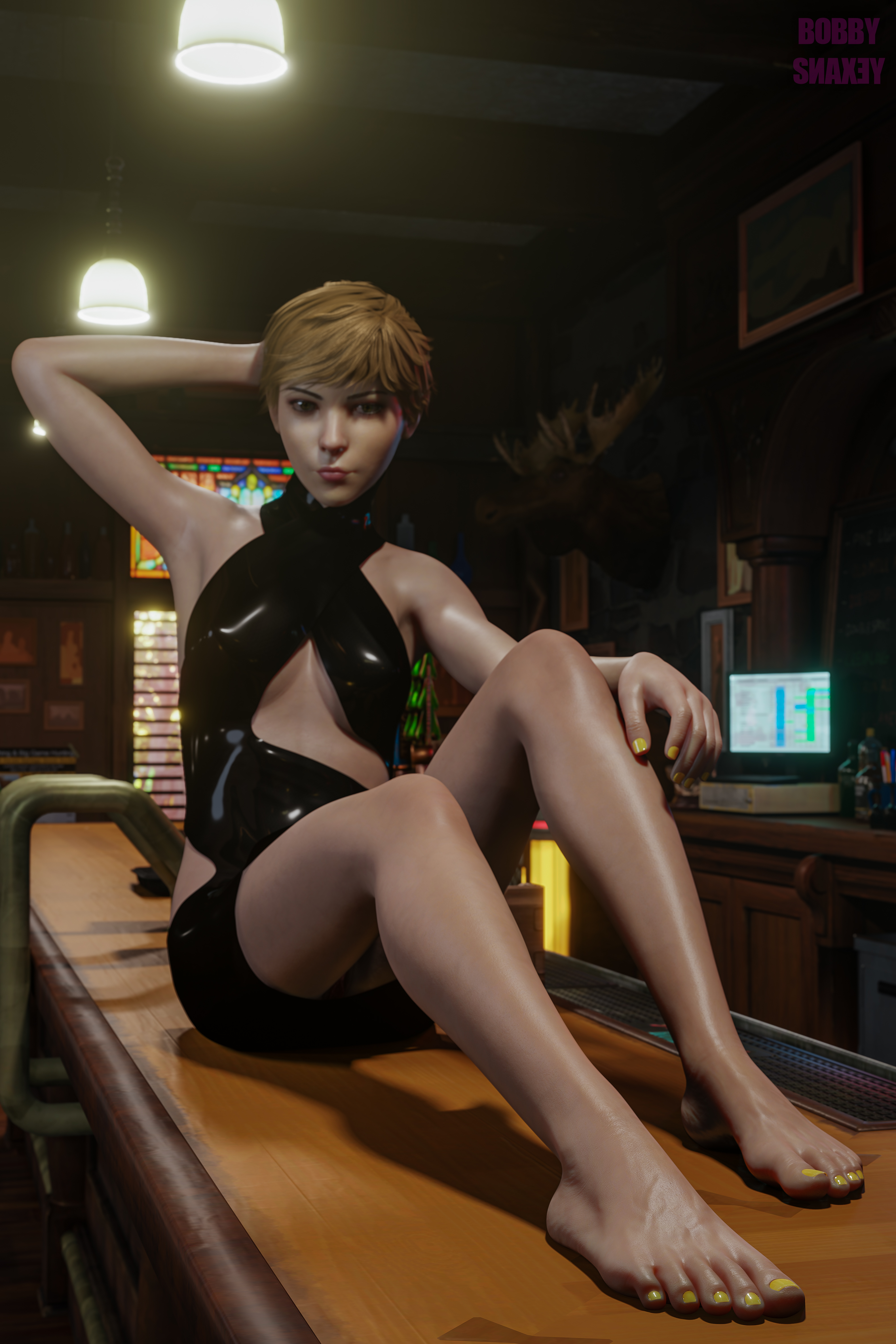 1girls, 3d, 3d (artwork), bar, barefoot, blender, blender (software), bobbysnaxey, dress, feet, female, female only, foot fetish, foot focus, full color, life is strange, no penetration, pinup, solo, solo female, toes, victoria chase, yellow toenail polish