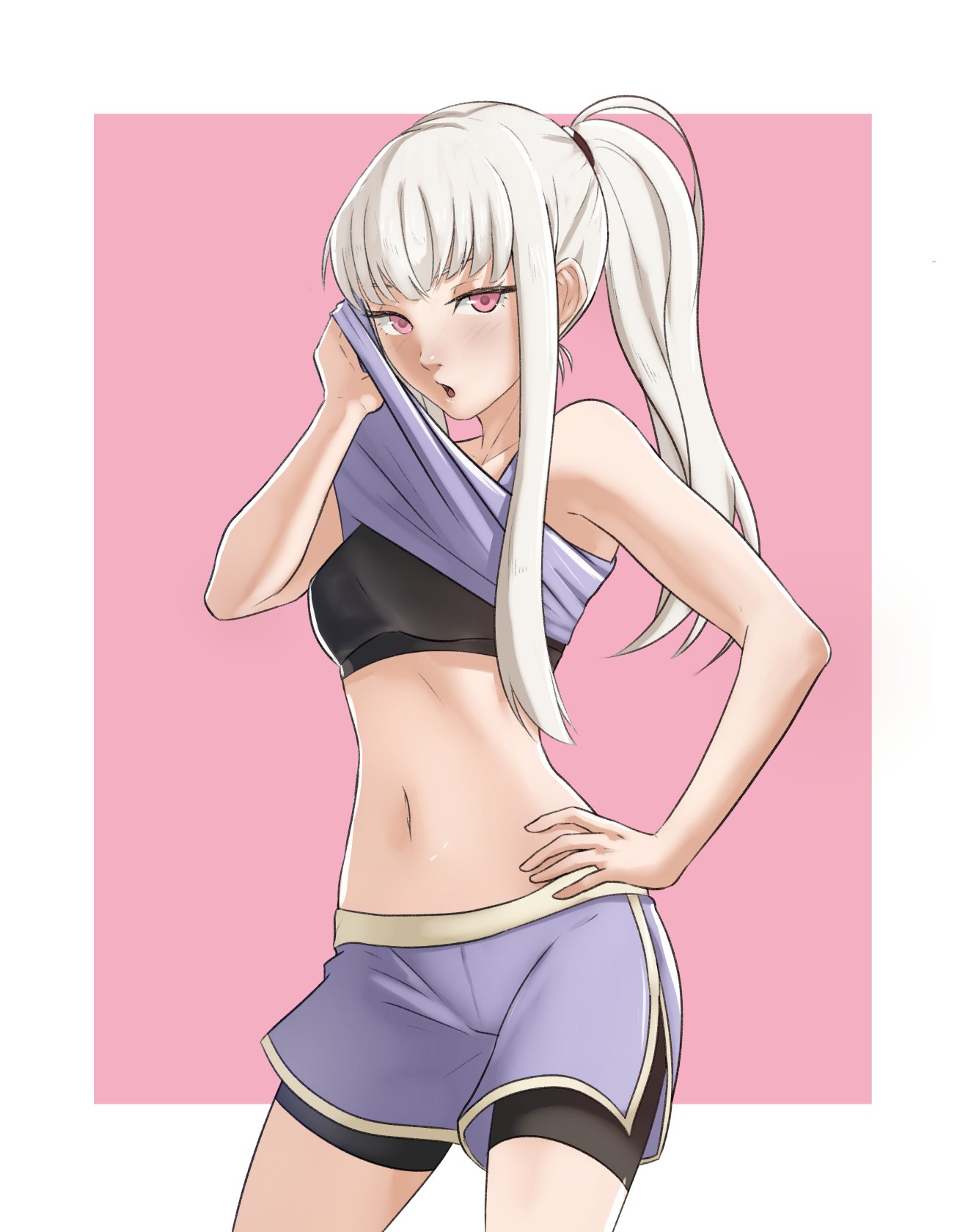 1girls, alternate hairstyle, bangs, bare midriff, breasts, covered nipples, female, female only, fire emblem, fire emblem: three houses, highres, long hair, looking at viewer, lysithea von ordelia, midriff, nintendo, noblewoman, open mouth, pink background, pink eyes, pomelomelon, ponytail, shorts, small breasts, solo, tank top, teenage female, teenager, white hair