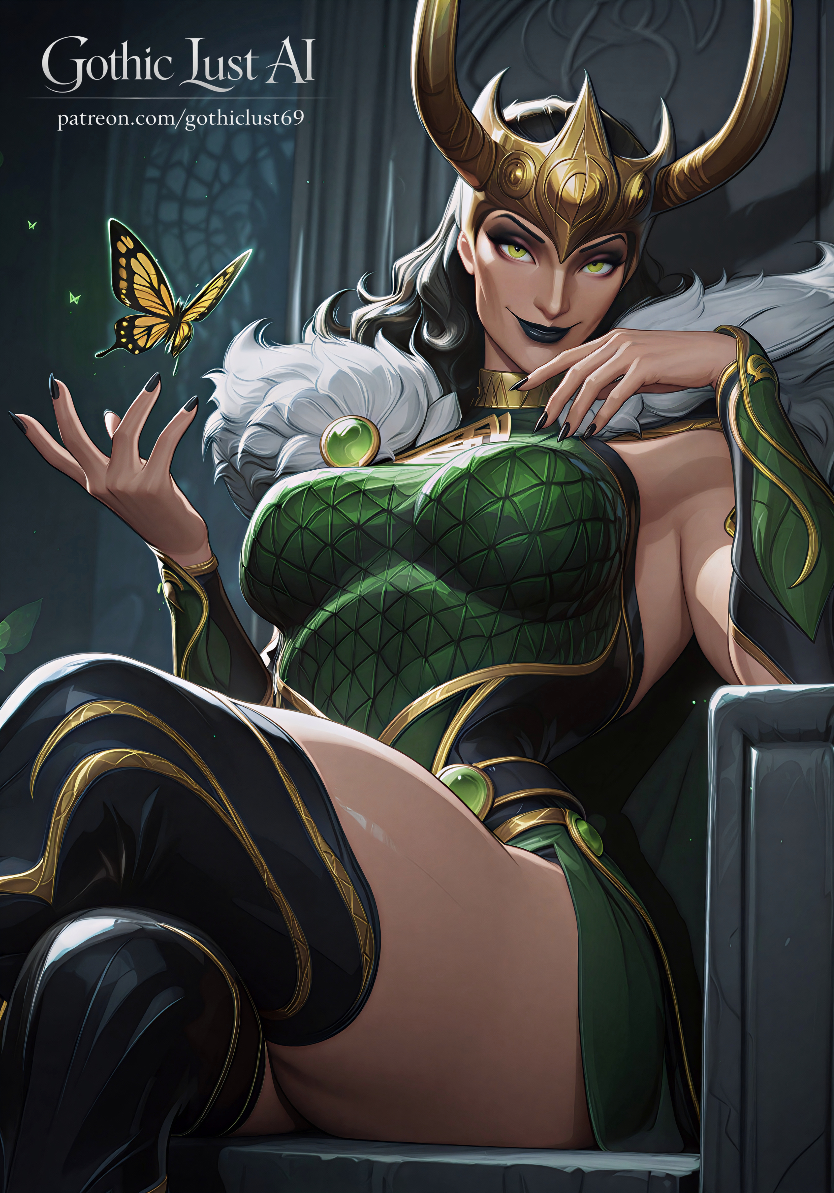 ai generated, ass, big ass, big breasts, black hair, black lipstick, busty, dominant, evil smile, femdom, goth, goth girl, gothic, gothiclustai, lady loki, lady loki (marvel rivals), loki (marvel rivals), loki (marvel), marvel, marvel comics, marvel rivals, new year, provocative, queen, sitting, size difference, taller female, throne