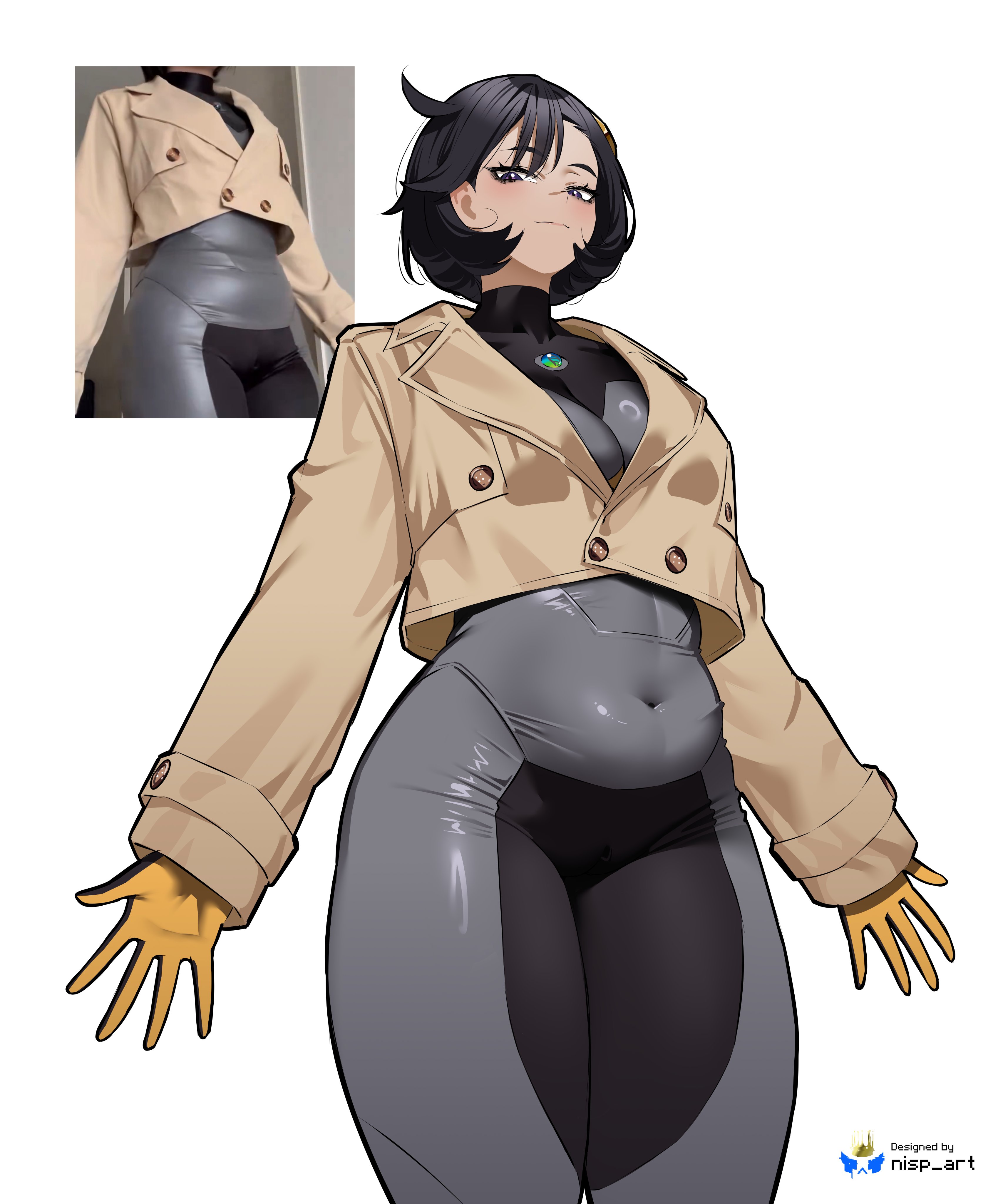 1girls, absurdres, artist name, black bodysuit, black hair, bodysuit, brooch, brown jacket, cosplay photo, emma (pokemon), female, female only, gloves, highres, jacket, jewelry, matiere (pokemon legends: z-a), matiere (pokemon), nintendo, nisp art, photo (medium), plump, pokemon, pokemon legends: z-a, purple eyes, short hair, side ahoge, simple background, solo, white background, whitewashed, yellow gloves