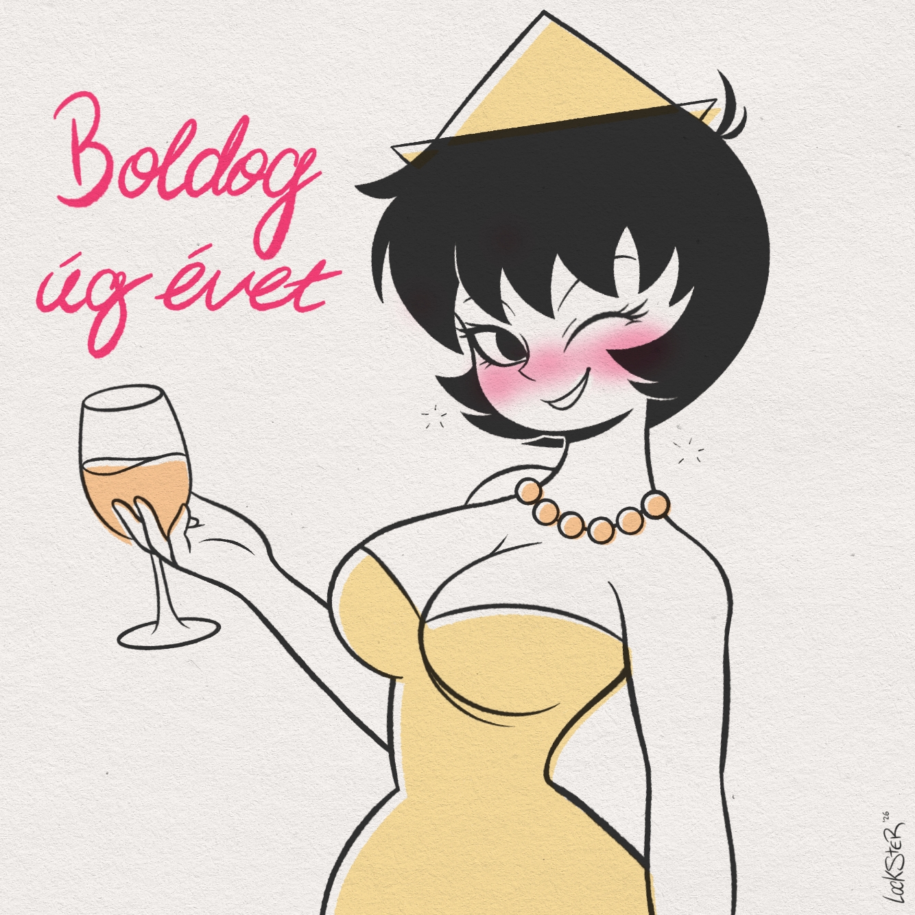 1girls, 2026, bare shoulders, big breasts, black hair, breasts, cleavage, curvy, cute, dress, drink, drunk, female, female only, happy new year, headgear, holding object, hungarian text, jucika, jucika (comic), lockster2c02, looking at viewer, necklace, new year, short hair, solo, solo female, tagme, tight clothing, wide hips, wink