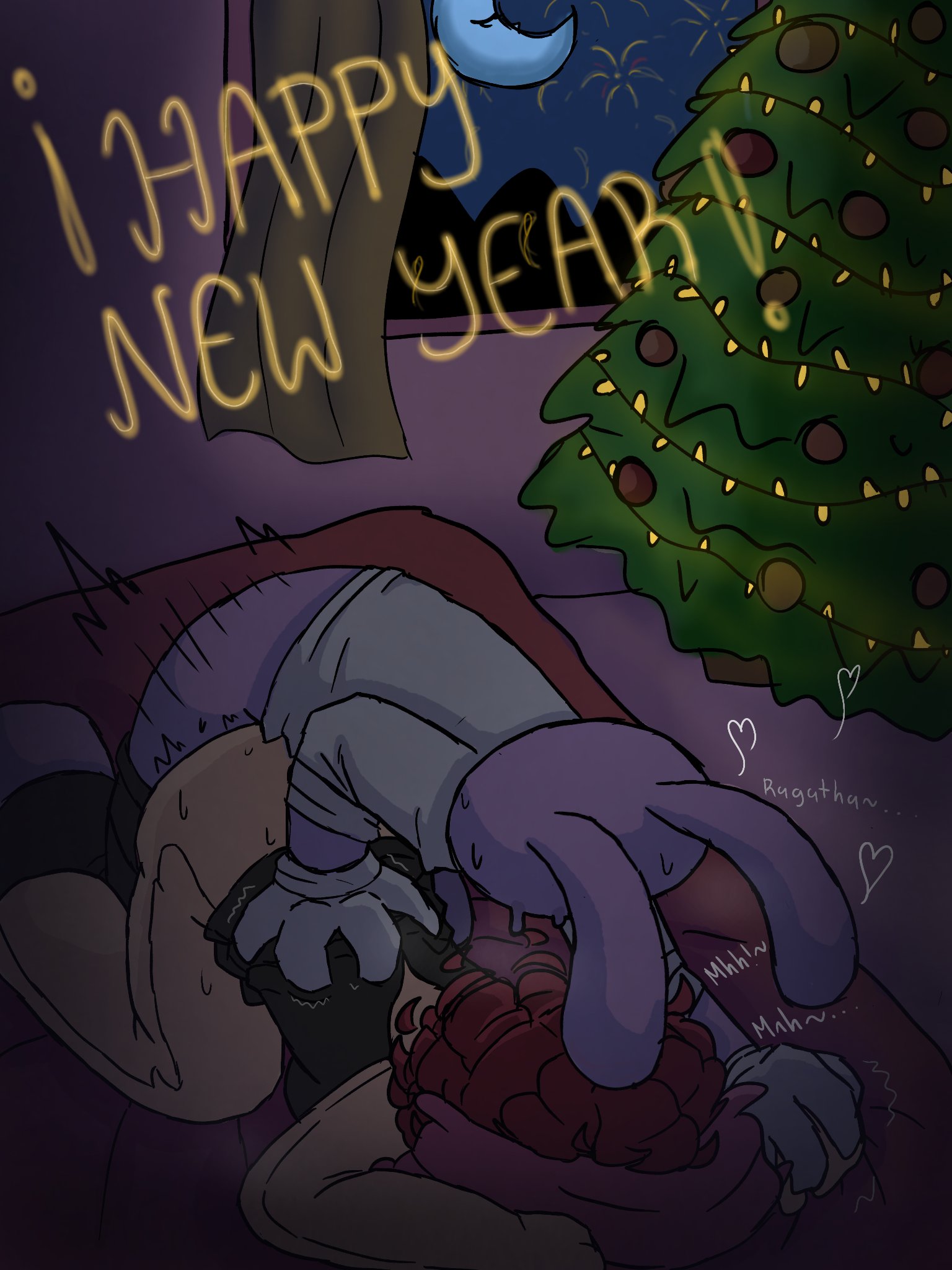 after party, anthro, ass in air, backshots, bed, bent over, bottomless, christmas tree, clothed sex, doll, dress, english text, face in pillow, from behind, from behind position, hand on back, happy new year, holidays, jax (the amazing digital circus), pants around ankles, partially clothed, rabbit ears, ragatha (the amazing digital circus), sweating, the amazing digital circus