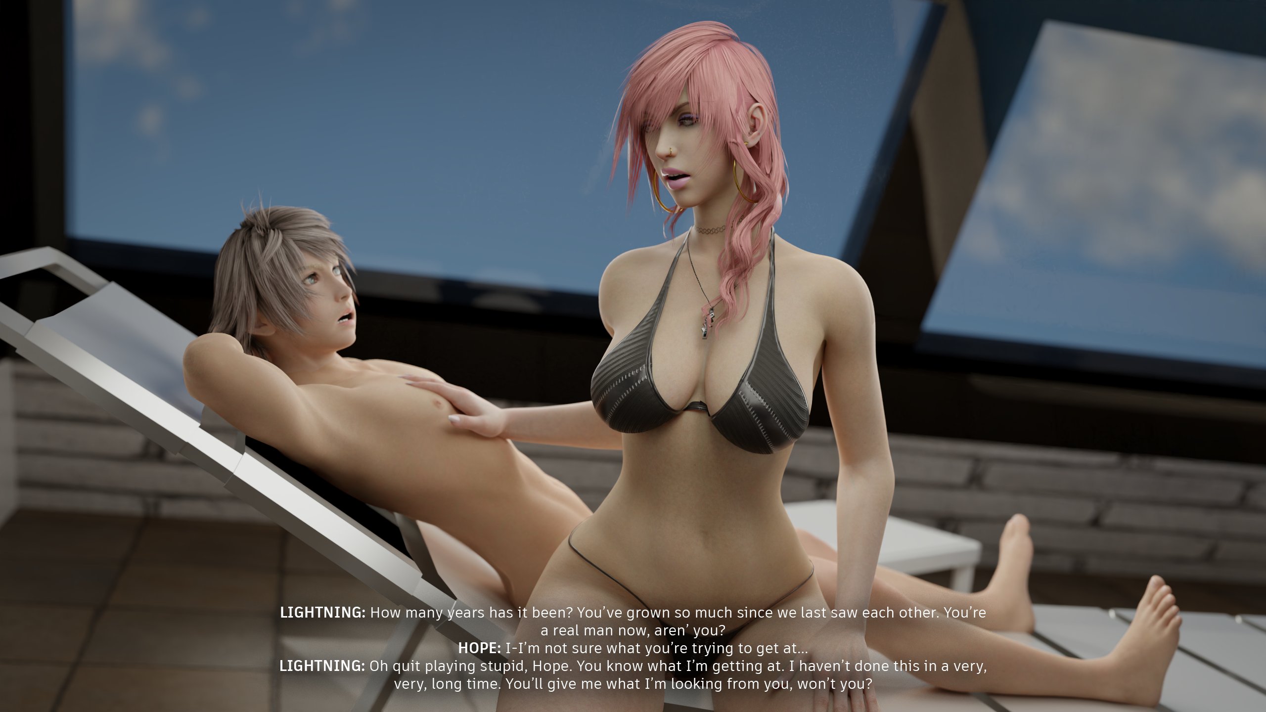 1boy, 1girl, asking for sex, before sex, bikini, black bikini, bra, canon couple, claire farron, eclair farron, female, female/male, final fantasy, final fantasy xiii, hand on another's chest, hope estheim, imminent sex, intimacy, intimate, inviting to sex, lightning farron, lovers, male, male/female, necklace, pink hair, pink-haired female, pool chair, romance, romantic, romantic ambiance, romantic couple, seductive, sensual, square enix, straight, tagme, talking to partner, thong, thong bikini, tscd rendering, white hair, white-haired male, wholesome, wholesome couple