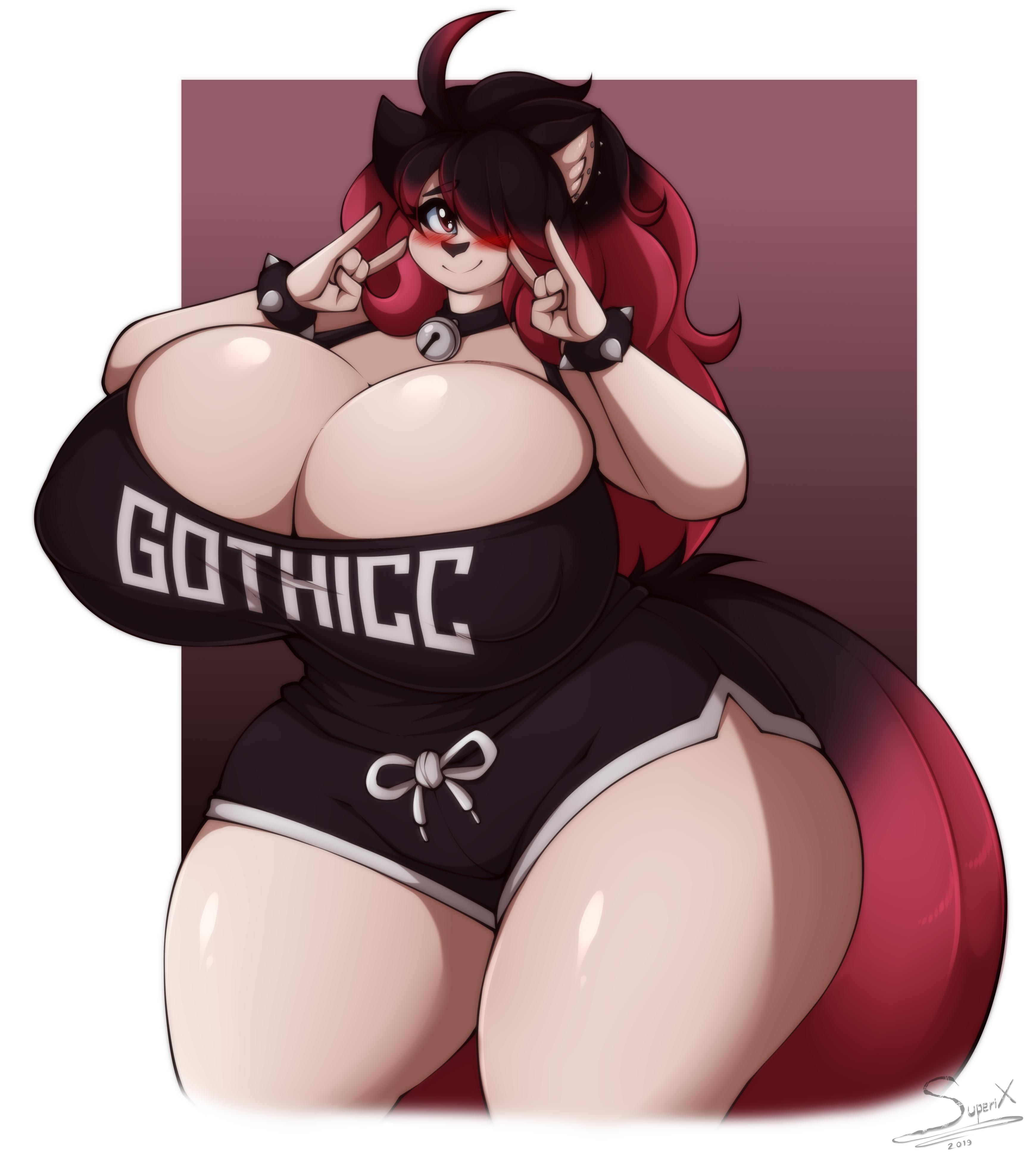 1girls, 2019, abstract background, absurd res, anthro, artist name, bell, big breasts, black hair, blush, bottomwear, bracelet, breast squish, breasts, busty, cleavage, clothed, clothing, collar, curvaceous, curvy, curvy body, curvy female, curvy figure, devil horns (gesture), digital drawing (artwork), digital media (artwork), domestic cat, ear piercing, eyelashes, felid, feline, felis, female, female focus, female only, fluffy, fluffy tail, fur, furry, gesture, goth, hair, hair over eye, hi res, highlights (coloring), hourglass figure, huge breasts, inner ear fluff, jewelry, large breasts, long hair, mammal, multicolored hair, nikki (secretly saucy), one eye obstructed, piercing, red eyes, red hair, red highlights, shirt, shorts, signature, simple background, small waist, smile, solo, spiked bracelet, spikes, squish, superix, tan body, tan fur, tank top, thick thighs, topwear, tuft, two-tone hair, voluptuous, wide hips