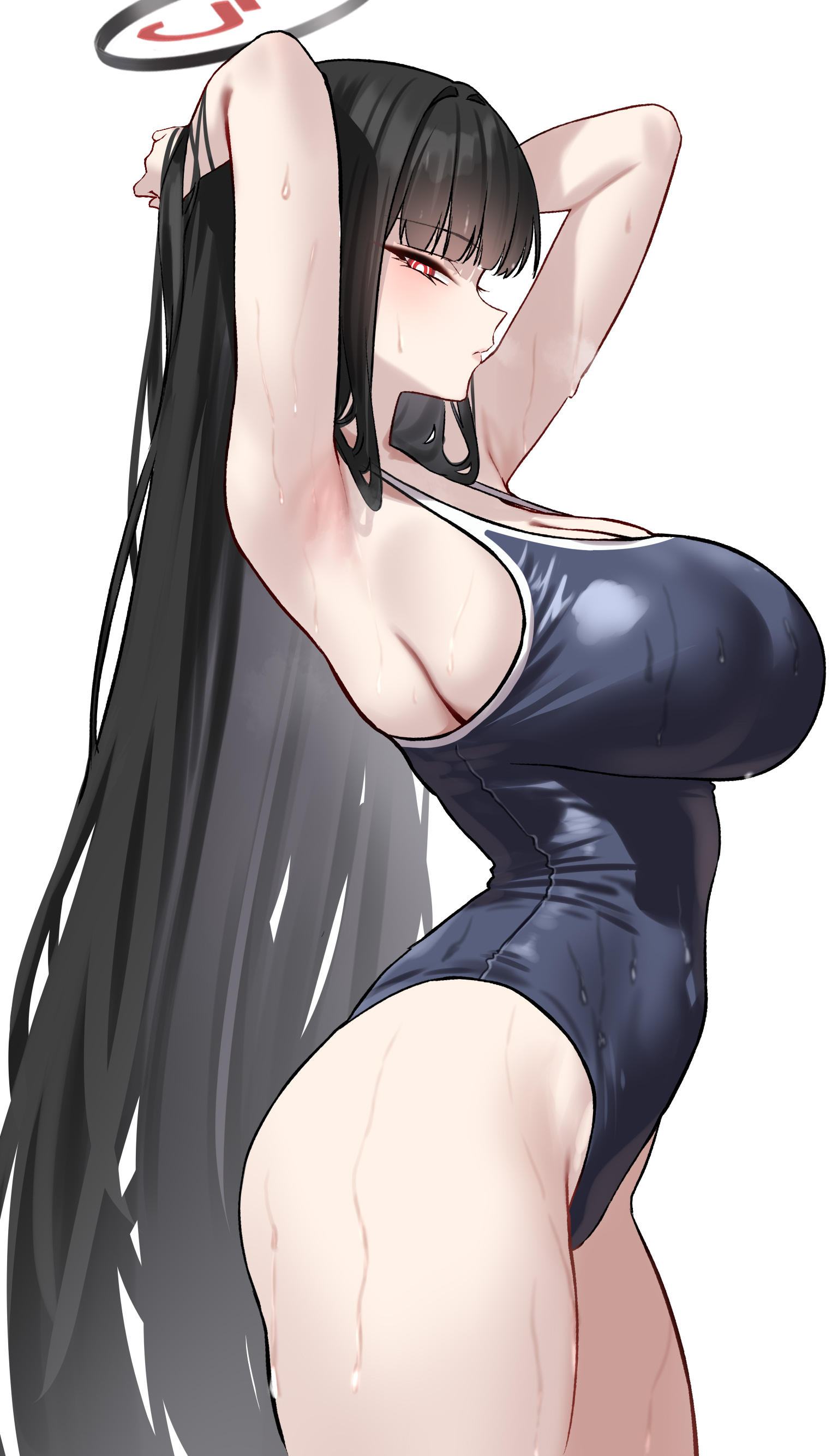 1girls, absurdres, alternate costume, armpits, arms up, ass, bare arms, bare shoulders, big breasts, black hair, black one-piece swimsuit, blue archive, blush, breasts, bright pupils, closed mouth, female, female only, from side, halo, highres, large breasts, long hair, looking at viewer, looking to the side, one-piece swimsuit, red eyes, rio (blue archive), shigure s, sideways glance, simple background, solo, swimsuit, very long hair, wet, white pupils