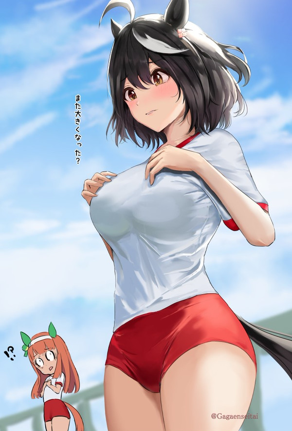 blush, breasts, clothed, female, gagaenseitai, kitasan black (umamusume), potential showing nipples, silence suzuka (umamusume), tagme (character), touching breast, umamusume, underwear