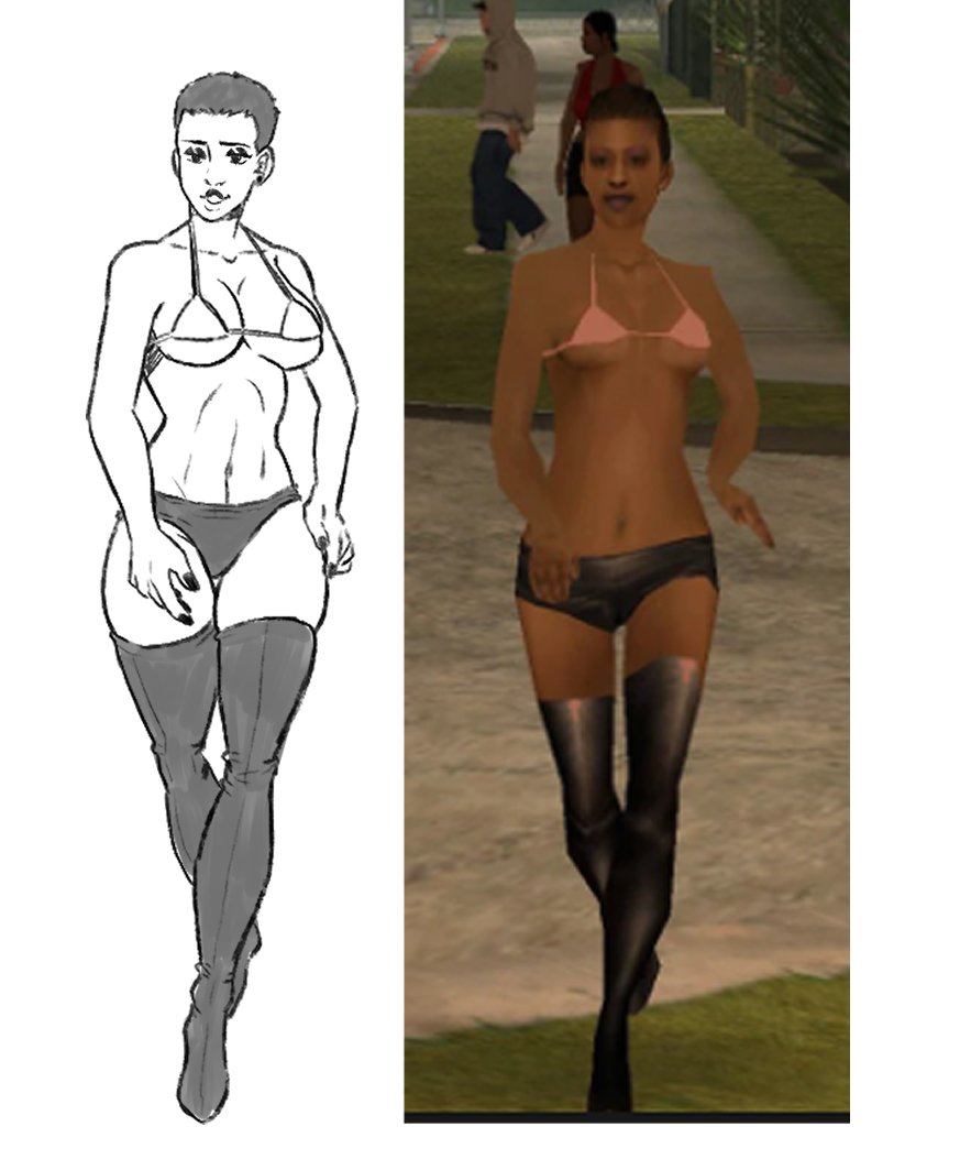 1girls, background character, bfypro (grand theft auto), big breasts, bikini, bikini bottom, bikini top, breasts, cleavage, female, female only, grand theft auto, grand theft auto: san andreas, minor character, npc, pochoclogigi, prostitute, reference inset, short hair, skimpy, solo, thighhighs, very short hair