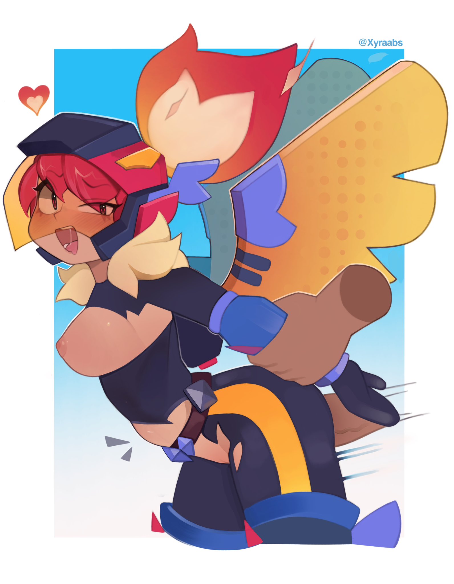 1boy, 1boy1girl, 1girl, 1girls, 2026, anonymous male, brawl stars, breasts, breasts out, bulge, digital media (artwork), female, firewing janet (brawl stars), from behind, from behind position, gloves, grabbing, helmet, holding, holding hands, janet (brawl stars), light skin, light-skinned female, light-skinned male, looking back, male, mouth open, nipples, open mouth, red eyes, red hair, ripped clothing, sex, vaginal penetration, wings, xyraabs