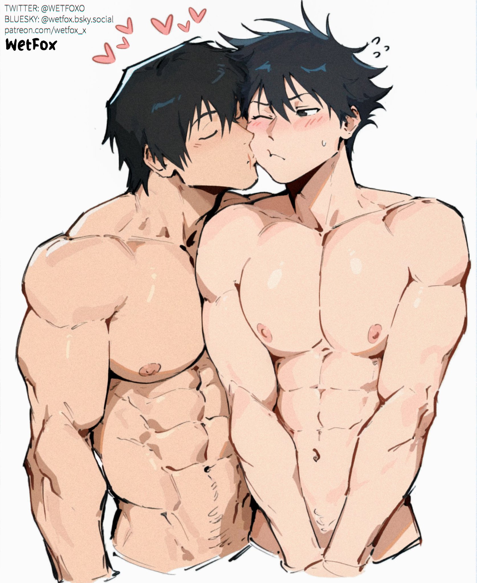 2boys, 2d, ai generated, blush, cute face, father, father and son, fushiguro megumi, gay, incest, jujutsu kaisen, male only, megumi fushiguro, muscular, naked, no sex, nude, scar on face, son, toji fushiguro, wetfoxo