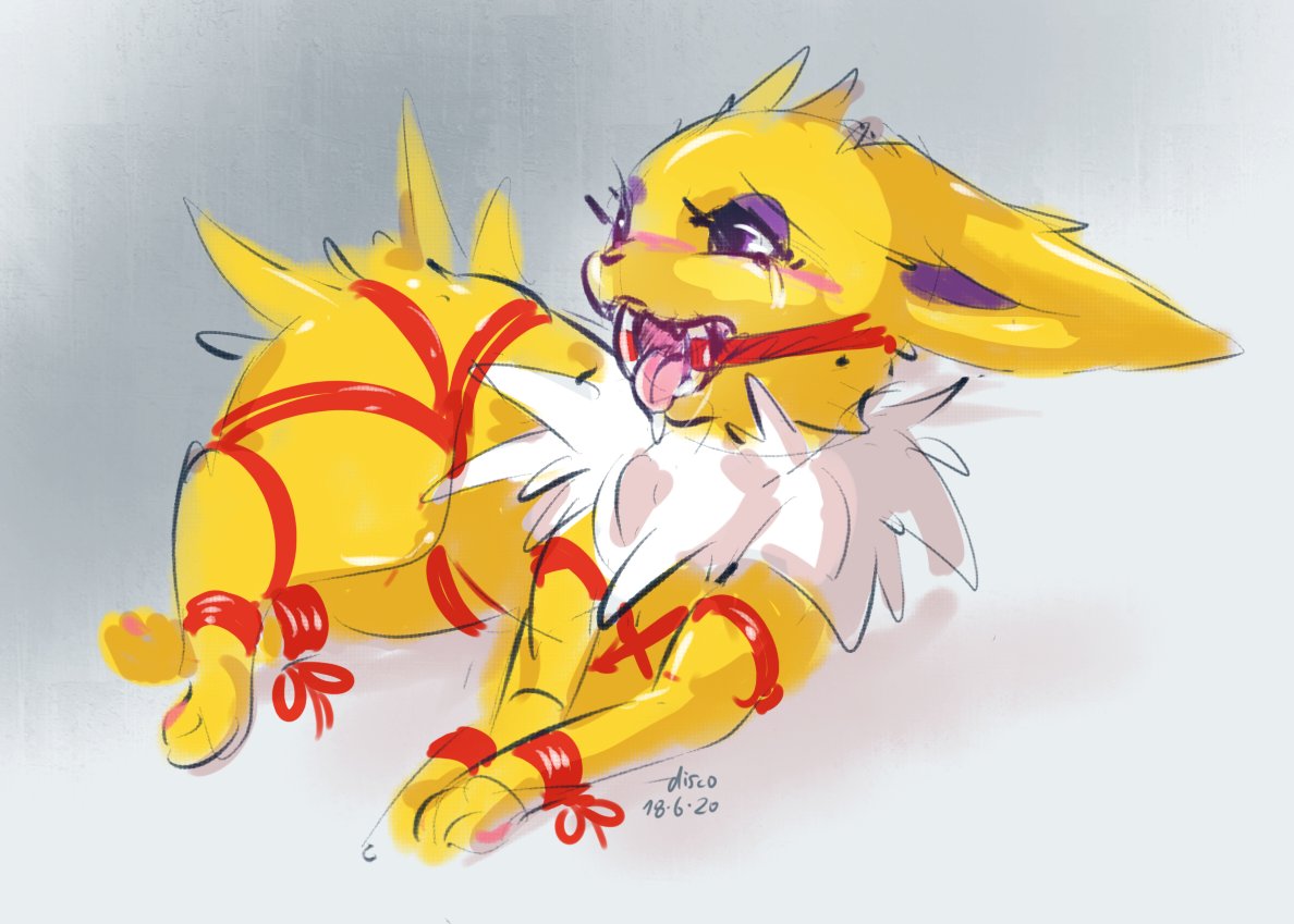 ambiguous_gender bondage bondage discocci eeveelution feral furry gag gagged jolteon pokémon_(species) pokemon pokemon_rgby ring_gag rope_bondage rope_harness solo tied_up