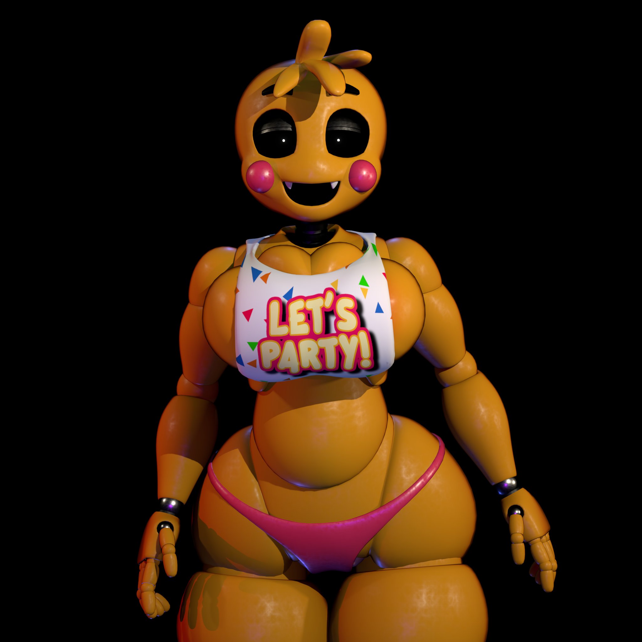 3d (artwork), animatronic, anthro, avian, beakless, big breasts, bird, black background, black eyeshadow, breasts, chicken, cleavage, clothed, clothing, crop top, digital media (artwork), english text, eyeshadow, fangs, female, five nights at freddy's, five nights at freddy's 2, galliform, glistening, glistening body, glistening clothing, glistening panties, glistening underwear, hi res, looking at viewer, machine, makeup, midriff, non-mammal breasts, octal, octal (modeler), open mouth, open smile, panties, phasianid, pink clothing, pink panties, pink underwear, robot, robot anthro, scottgames, shirt, sideboob, simple background, skindentation, smile, smiling at viewer, solo, teeth, text, thick thighs, topwear, toy chica (fnaf), toy chica (octal), underwear, white clothing, white shirt, white topwear, wide hips, yellow body