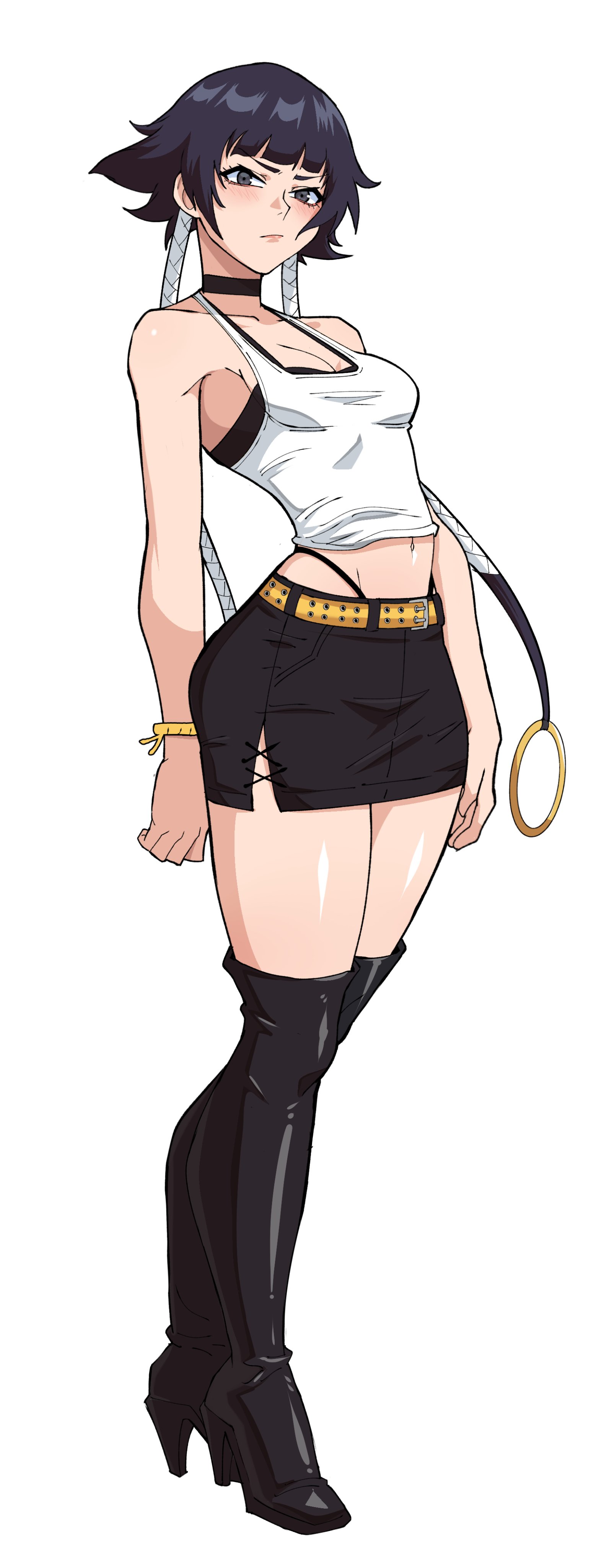 1girls, absurdres, belt, black hair, black skirt, bleach, blush, boots, bracelet, breasts, choker, female, female only, high heel boots, high heels, highres, jewelry, looking at viewer, mg99, mg991998, shiny skin, short hair, skirt, small breasts, soifon, standing, sui-feng, tank top, thick thighs, thighs, thong, white background, white tank top