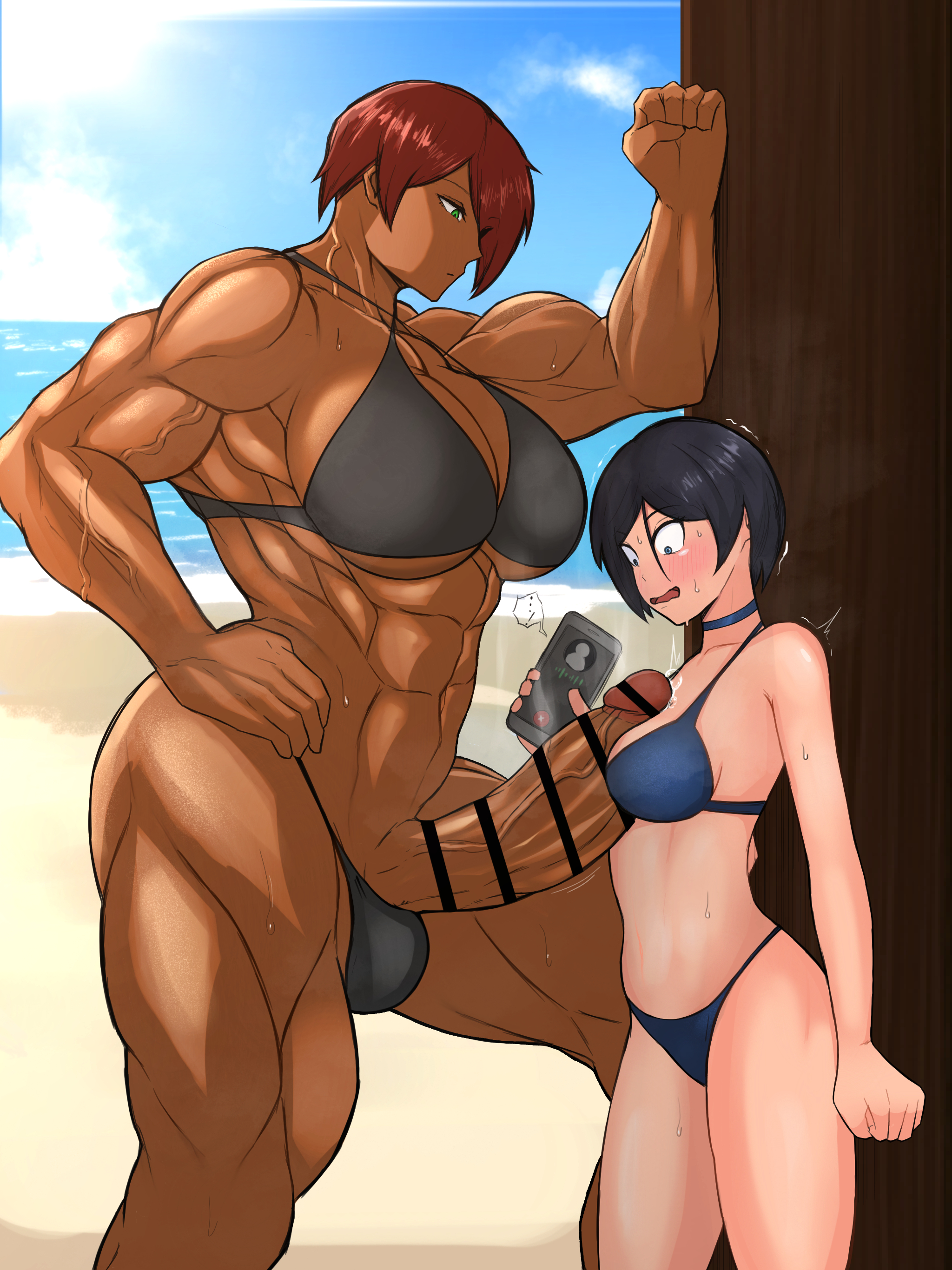 1futa, abs, athletic, athletic female, beach, biceps, big ass, big balls, big boobs, big breasts, big butt, big cock, big penis, big thighs, breasts bigger than head, censored, curvy, curvy body, curvy female, curvy figure, female, futa on female, futanari, highres, huge ass, huge boobs, huge breasts, huge butt, huge cock, huge penis, huge thighs, maya kurogane, muscular, muscular arms, muscular female, muscular legs, muscular thighs, oc, original character, pale skin, pale-skinned female, penis awe, phone, red hair, short hair, soutoku, tan body, tan skin, tanned, tanned body, tanned female, tanned skin, thick thighs, voluptuous, voluptuous body, voluptuous female