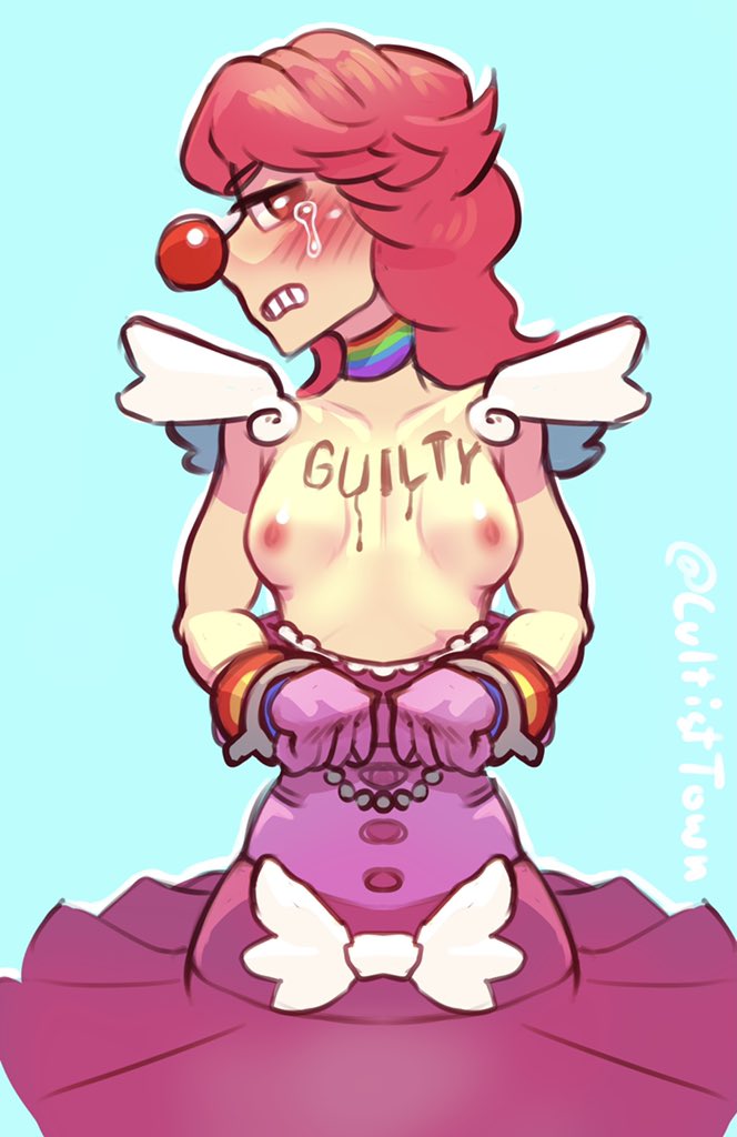 1girls arrest blush body_writing bow breasts_out choker clown clown_girl clown_nose clussy clussy_meme crying crying_with_eyes_open cuffs exposed_breasts female female_only geiru_toneido gyakuten_saiban long_hair nipples pink_hair simple_background skirt small_breasts smalltowncultist tears