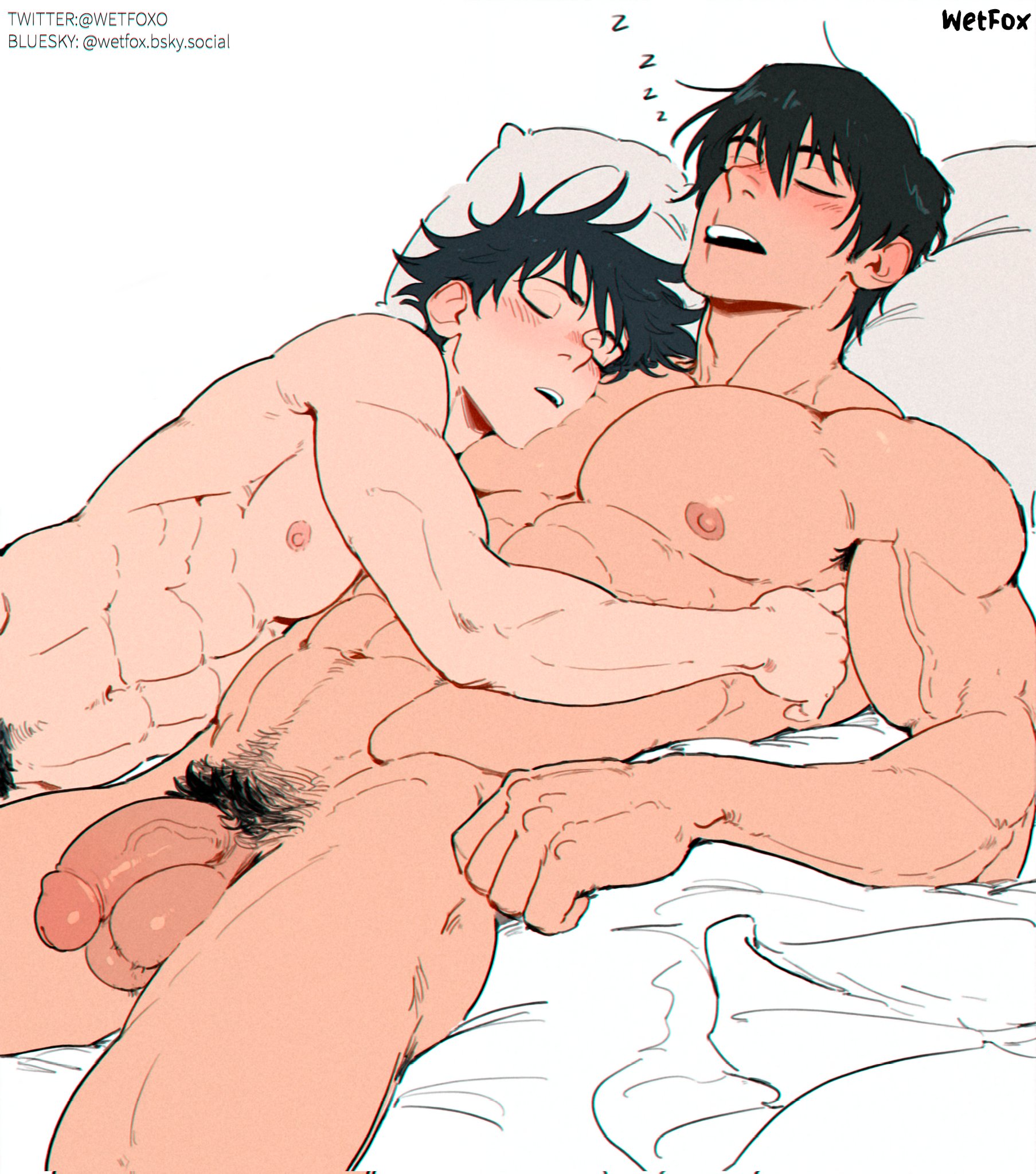 2boys, 2d, ai generated, blush, father, father and son, flaccid penis, fushiguro megumi, gay, hug, incest, jujutsu kaisen, megumi fushiguro, muscular, naked, no sex, nude, on bed, pubic hair, scar on face, sleeping together, son, toji fushiguro, wetfoxo