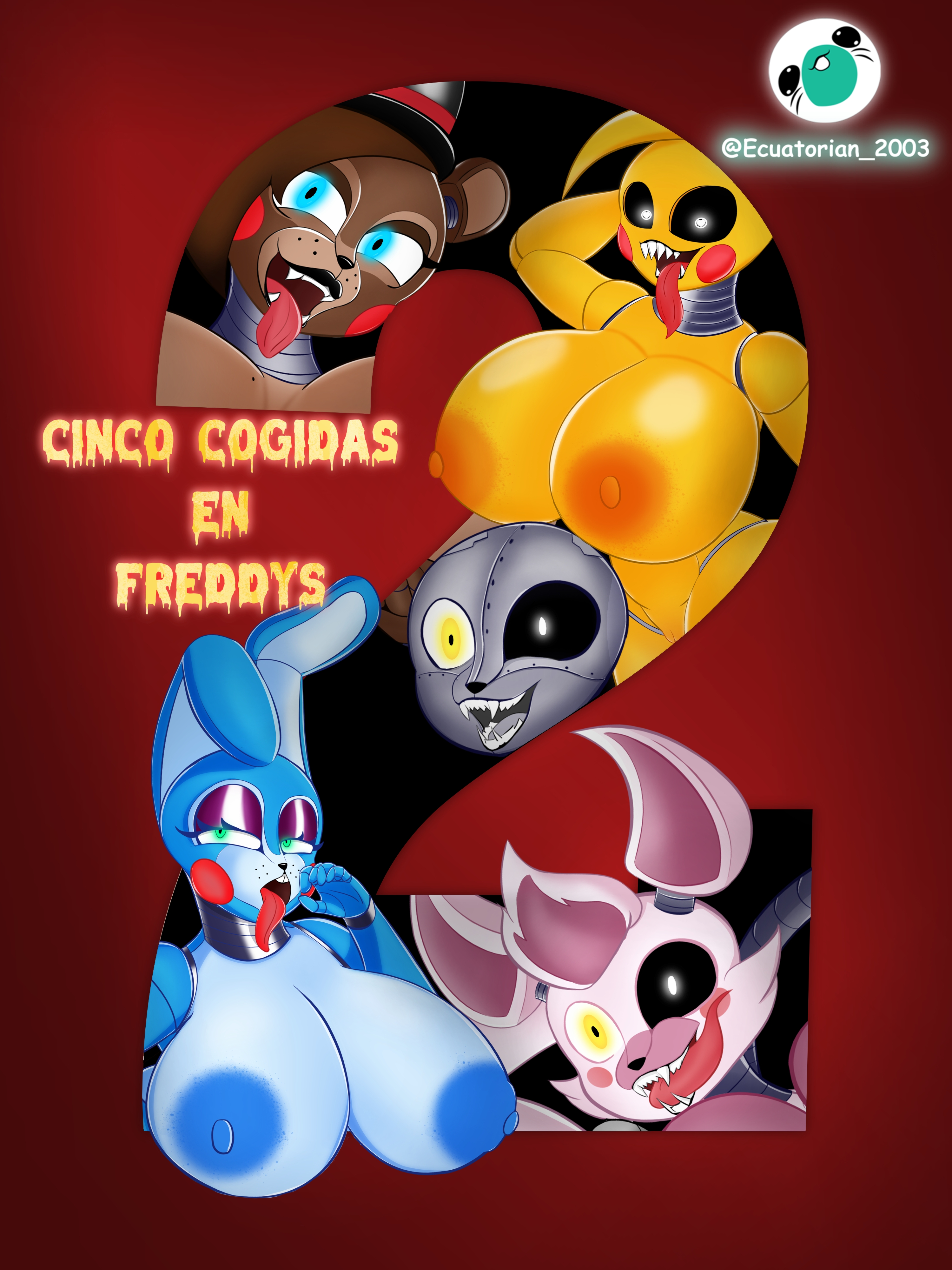 2 heads, animatronic, animatronic female, areolae, big areola, big ass, big breasts, big butt, ecuatorian 2003, female only, five nights at freddy's, five nights at freddy's 2, fnaf, furry, furry female, mangle (fnaf), movie poster, nipples, toy bonnie (fnaf), toy chica (fnaf), toy freddy (fnaf)