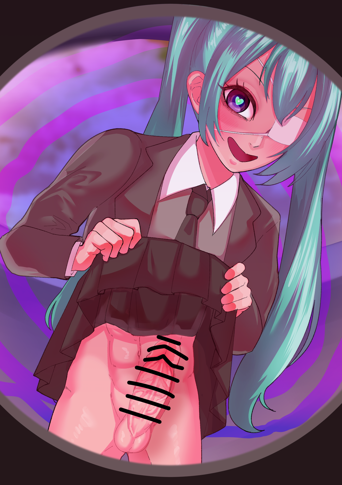 1boy, abs, ambush (trap), athletic male, big penis, cosplay, crazed expression, crossdressing, deco*27, dominant, dominant male, doorbell camera, erection, eyepatch, femboy, femboydom, first person view, hatsune miku (cosplay), heart-shaped pupils, imminent rape, lifting skirt, looking at viewer, male, male yandere, mark panpanko, otoko no ko, penis, presenting penis, school uniform, solo, stalker, toned, trap, veiny penis, yandere
