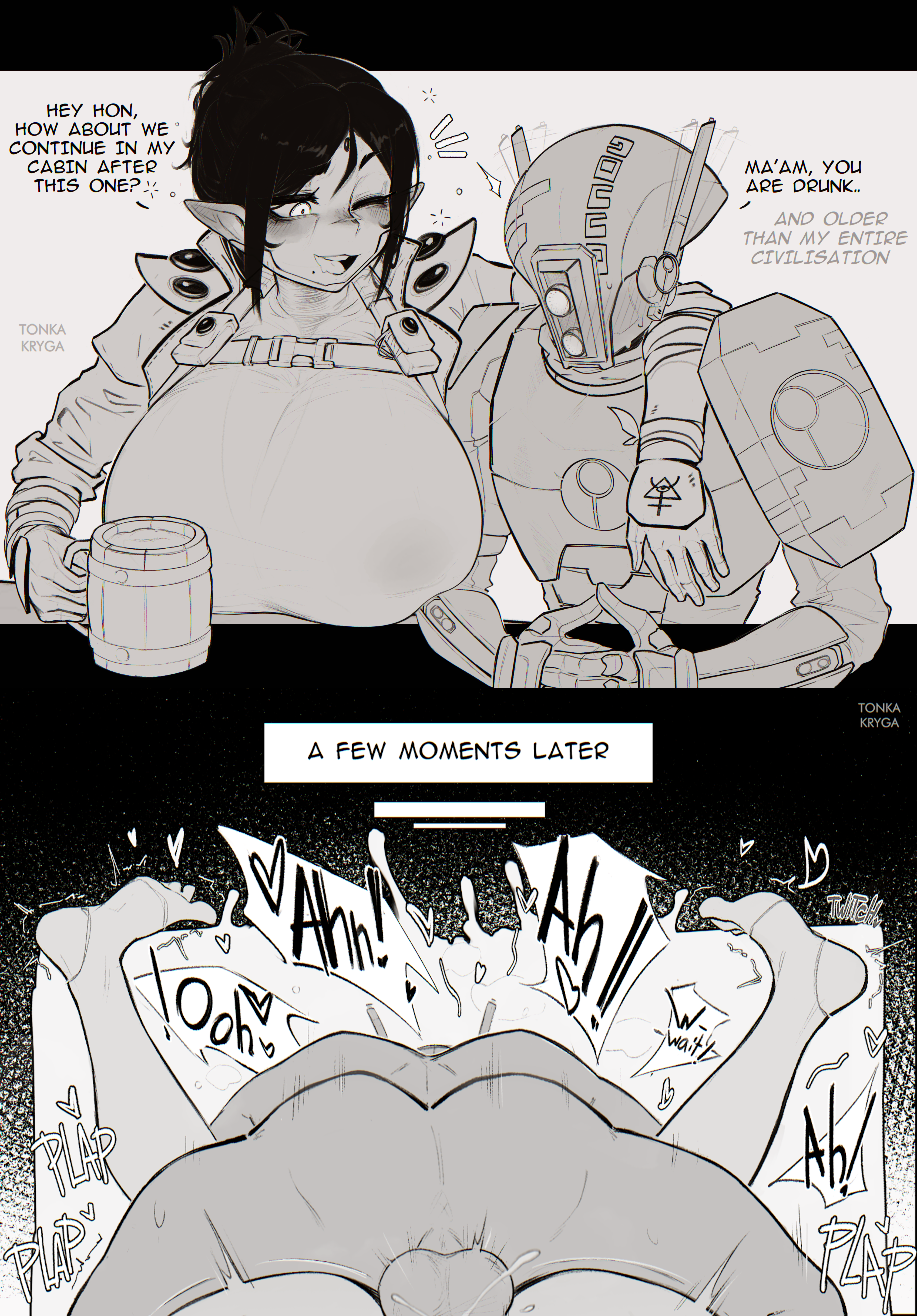 1boy, 1boy1girl, 1girls, 2koma, aeldari, age difference, asking for it, asking for sex, balls, balls deep, boy on top, breasts, comic, cougar, drunk, drunk sex, duo, eldar, english text, fire warrior, happy sex, huge breasts, instant loss 2koma, interspecies, interspecies sex, legs up, mating press, mature female, mole, mole under mouth, monochrome, older female, older female and younger male, plap, sex, stirrup legwear, stitched, tau, text, toe scrunch, tonka kryga, vaginal penetration, vaginal sex, warhammer (franchise), warhammer 40k