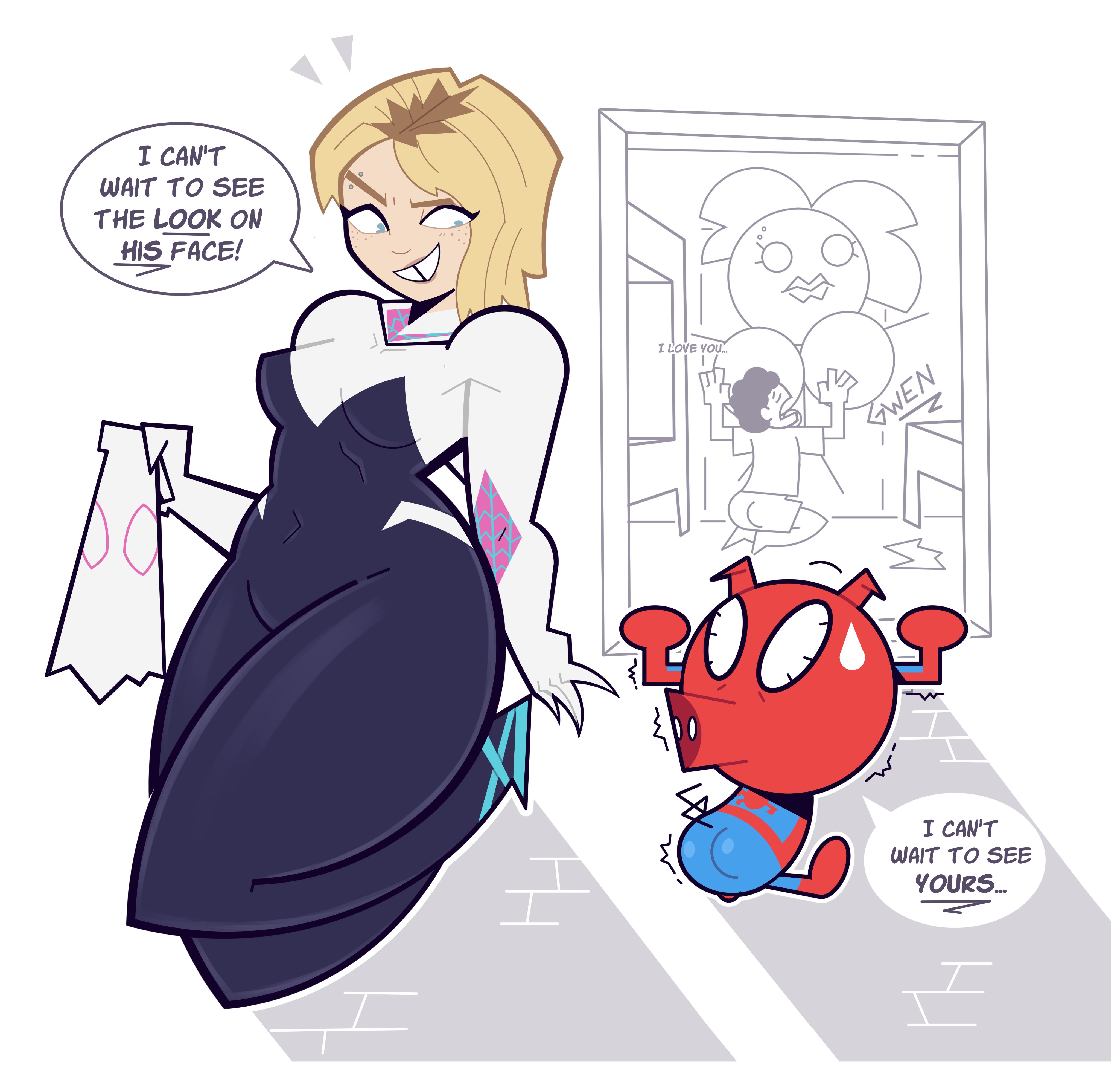 2026, 2boys1girl, anthro, anthro male, big breasts, big thighs, blonde female, blonde hair, blue eyes, breasts, dat ass, dialogue, drawing, drawing on wall, female, female focus, freckles, goodbyellow, gwen stacy, gwen stacy (spider-verse), huge thighs, kneeling, large thighs, lipstick, marvel, mask, miles morales, peter porker, pierced eyebrow, pig, short hair, signature, small breasts, sony pictures animation, spider-gwen, spider-ham, spider-man (series), spider-man suit, spider-man: into the spider-verse, suit, talking to another, thick thighs, thighs, tooth gap, trembling, twitter link, wide hips