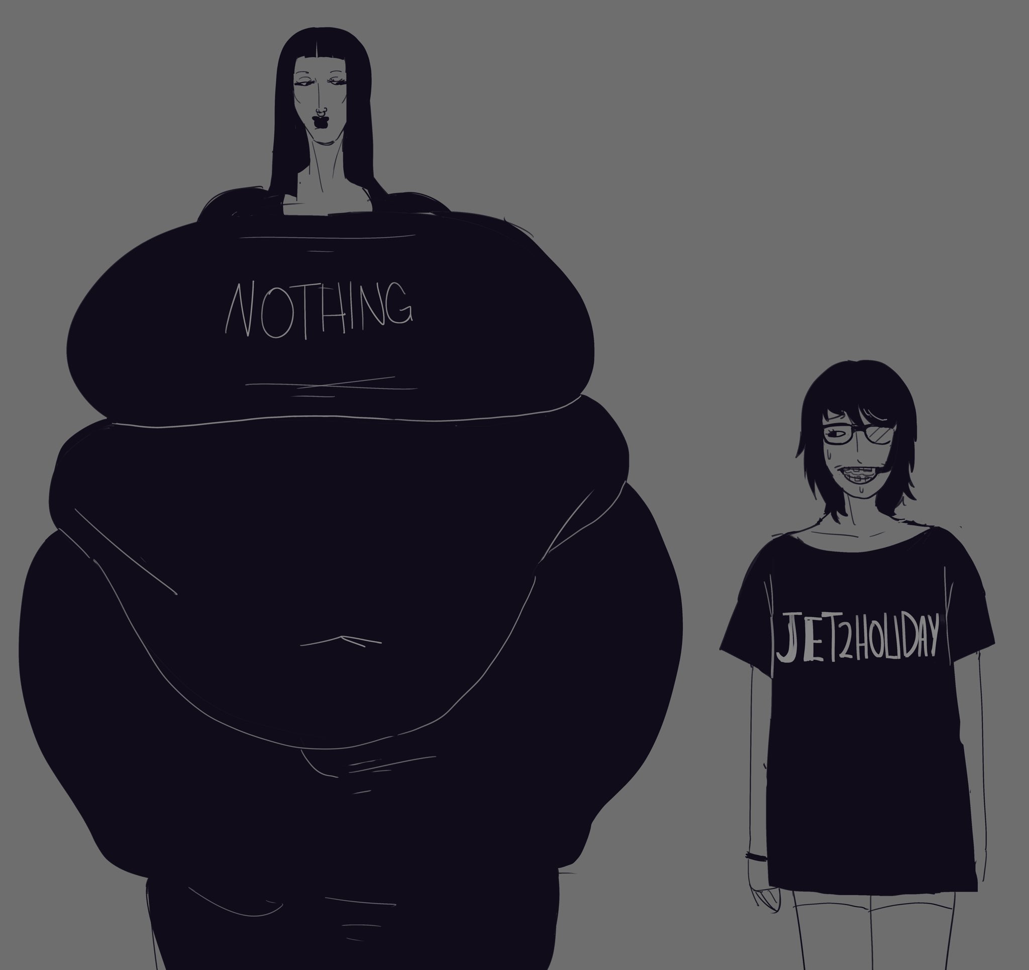 1boy, 1girl1boy, 1girls, bbw, belly markings, belly overhang, bigger female, crumplednapkins, fat, giant ass, giant breasts, giantess, goth girl, imminent vore, male prey, nappynapnapkins, size difference, smaller male