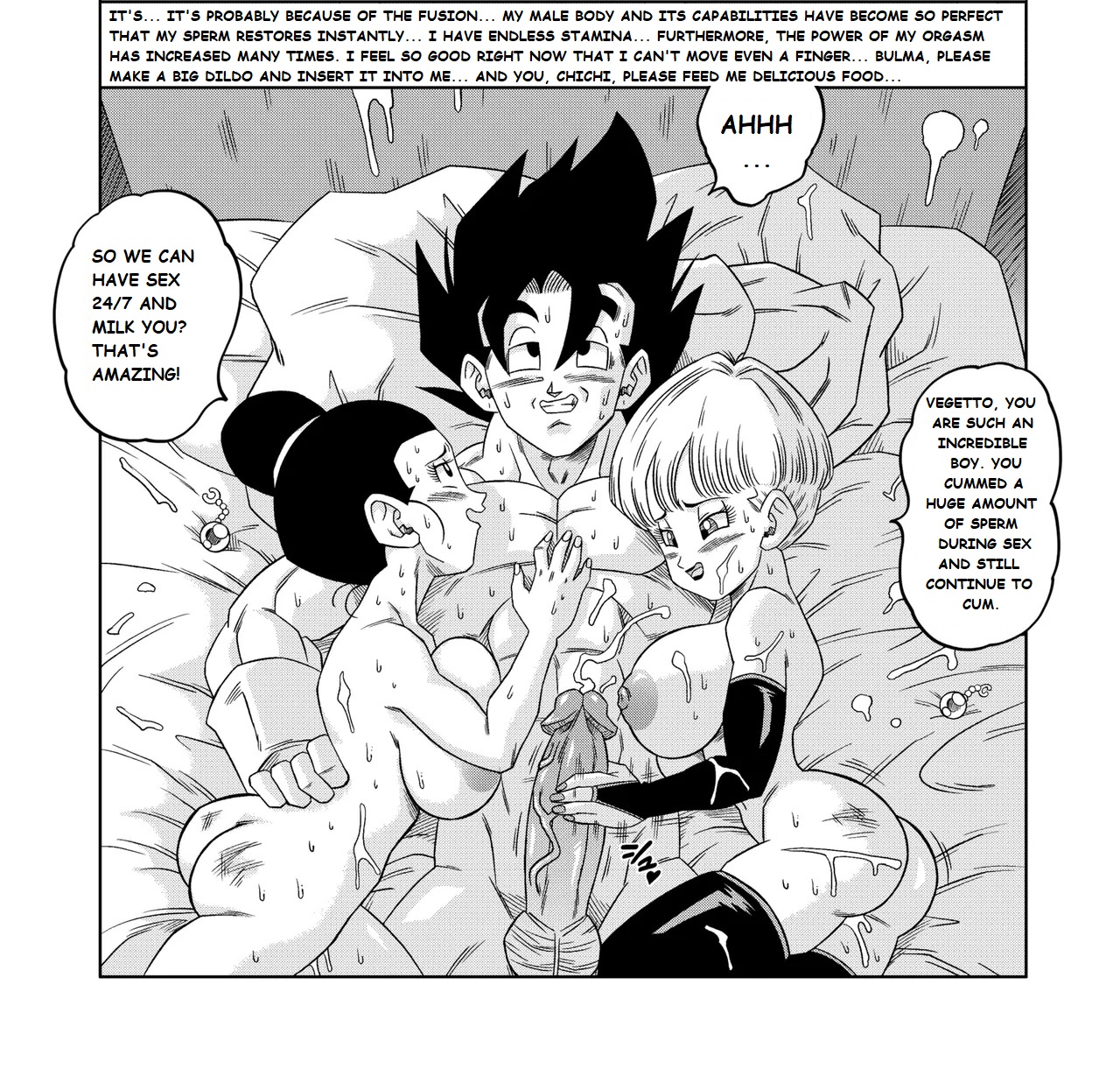 after sex, ass, ass focus, balls, big breasts, bulma briefs, chichi, cock, cum, cumming, dick, dragon ball, dragon ball super, dragon ball z, ejaculation, female, male, manga, manga page, muscles, muscular, muscular male, penis, sweat, sweating, sweaty, sweaty body, text, vegito, wife sharing, yamamoto doujin
