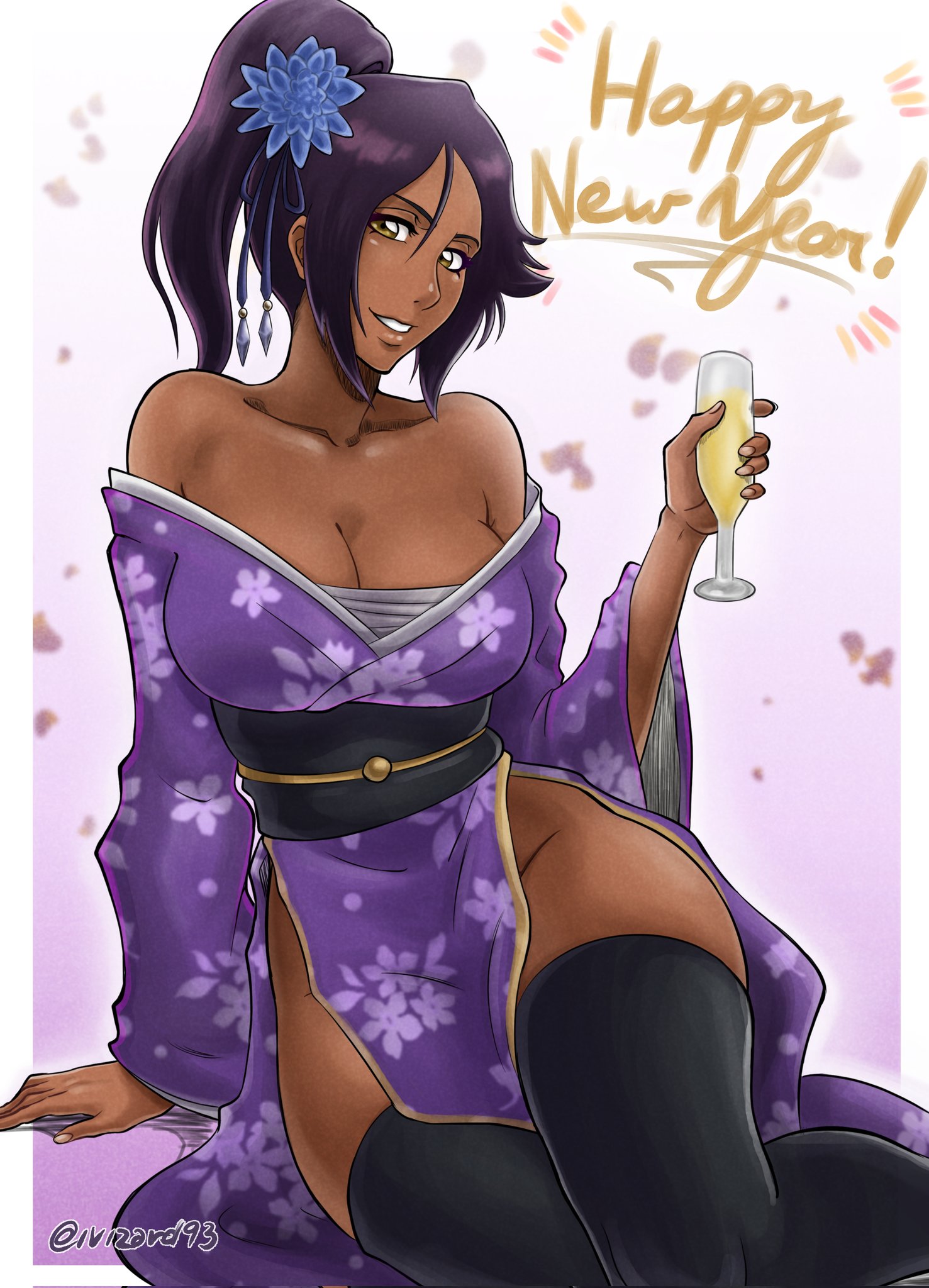 artist name, bare shoulders, black thighhighs, bleach, border, breasts, collarbone, cup, dark skin, dark-skinned female, drinking glass, female, female only, flower, flower on head, hair flower, hair ornament, happy new year, highres, holding wine glass, ivizard art93, japanese clothes, kimono, large breasts, long hair, looking at viewer, new year, parted bangs, ponytail, purple hair, shihouin yoruichi, simple background, sitting, thighhighs, white border, wine glass, yellow eyes
