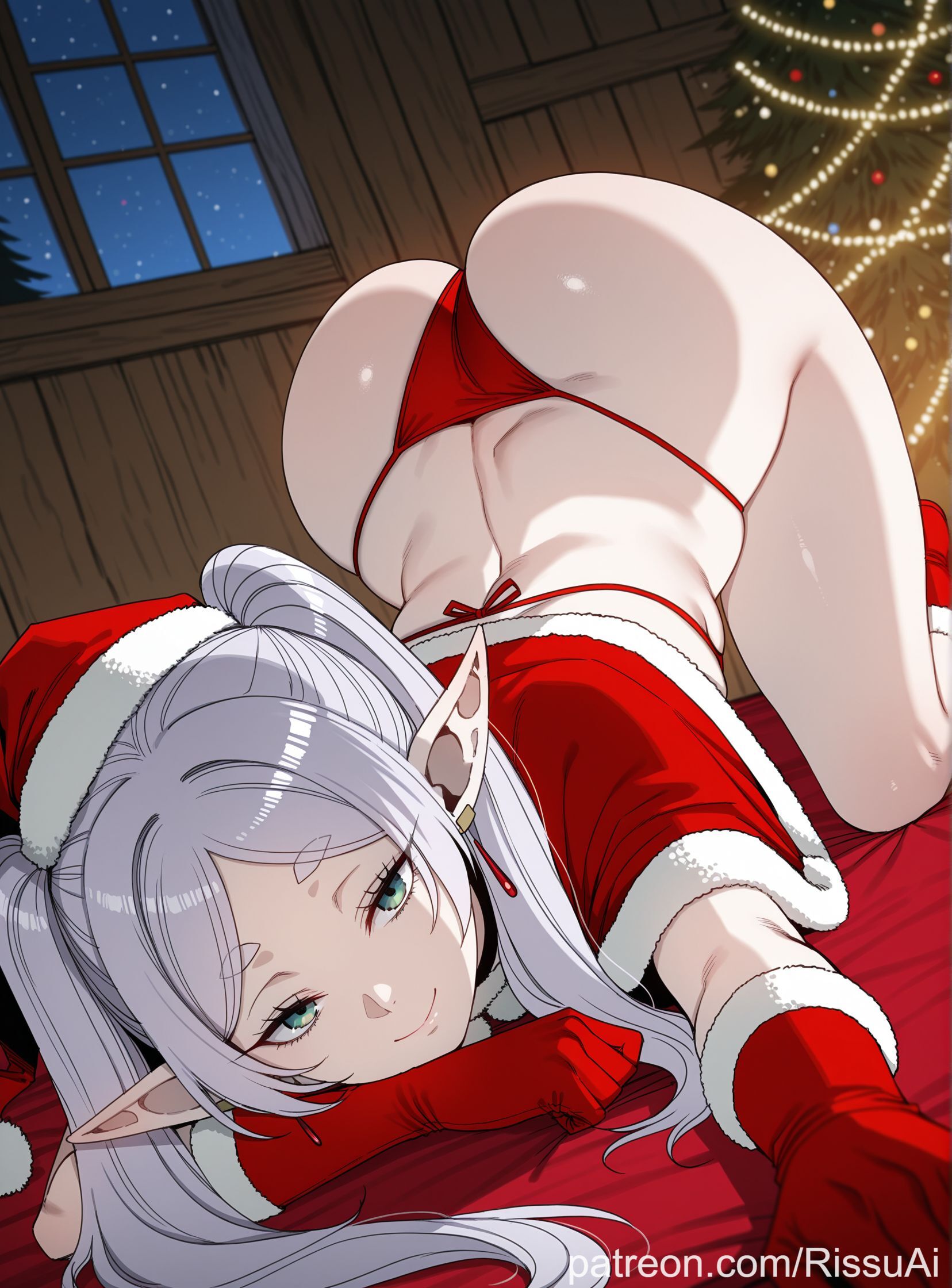 1girls, ai assisted, ai generated, ass focus, ass up, ass up face down, bikini, blurry background, christmas, christmas lights, christmas outfit, christmas tree, earrings, elf ears, elf female, elf girl, female, female only, frieren, frieren beyond journey's end, green eyes, half-closed eyes, indoors, inside, looking at viewer, night, parted bangs, ponytails, red bed sheet, red bikini, rissuai, room, seductive, seductive look, sexy, sexy pose, sousou no frieren, thick eyebrows, twintails, white eyebrows, white hair