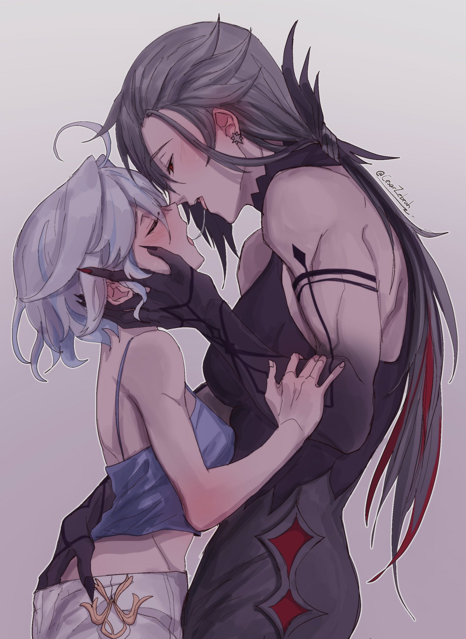 arlecchino (genshin impact), athletic, athletic female, blush, cesarzebrah, clothed, clothes, clothing, dominant female, female, female focus, female only, furina (genshin impact), genshin impact, hands in pants, height difference, hoyoverse, kissing, larger female, lesbian, lesbian kiss, long hair, muscular female, shorter female, size difference, smaller female, submissive female, suggestive, suggestive gesture, suggestive pose, taller, yuri