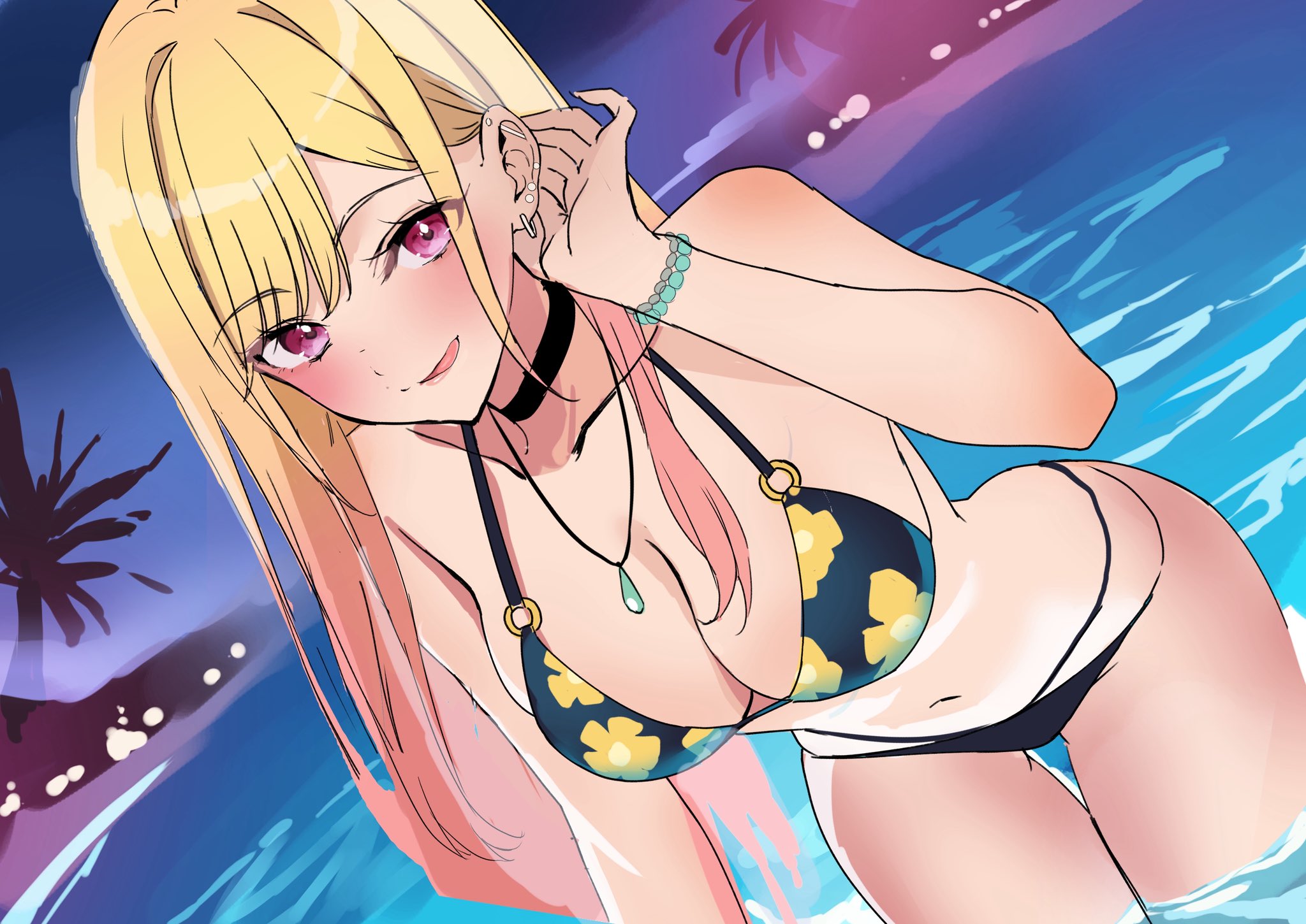 bare shoulders, bikini, black bikini, blonde hair, blush, breasts, choker, cleavage, collarbone, ear piercing, female, female only, floral print, gradient hair, groin, gyaru, highres, jewelry, kitagawa marin, long hair, looking at viewer, medium breasts, multicolored hair, nakano kura, navel, necklace, open mouth, partially submerged, piercing, pink eyes, smile, solo, sono bisque doll wa koi wo suru, swimsuit, teenage girl, thighs