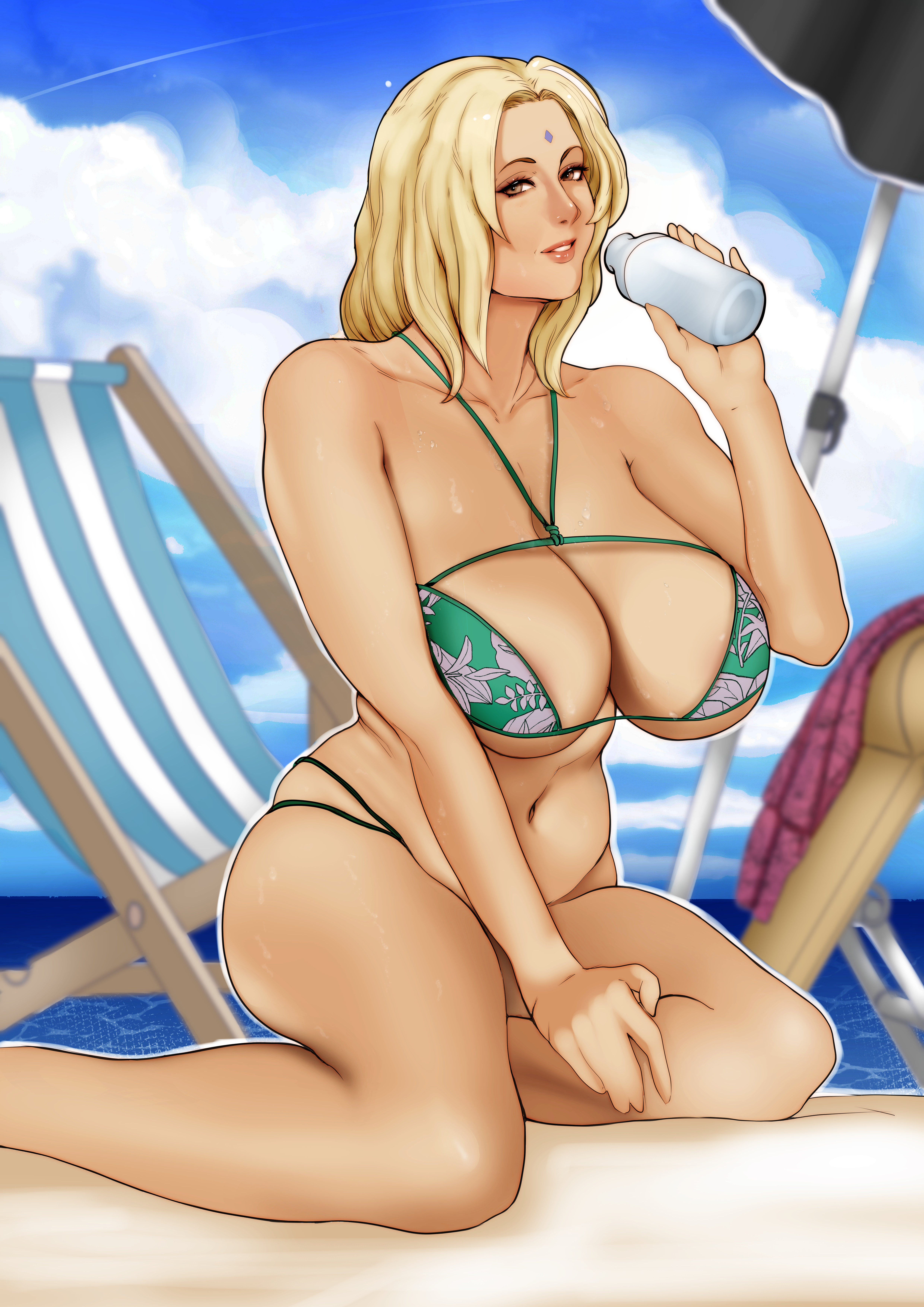 1girls, beach, big breasts, bikini, blonde hair, breasts, brown eyes, female, female only, jnsdh, kneeling, lipstick, looking at viewer, makeup, mature, mature female, naruto, naruto (series), naruto shippuden, outdoors, solo, solo focus, swimsuit, tsunade, voluptuous
