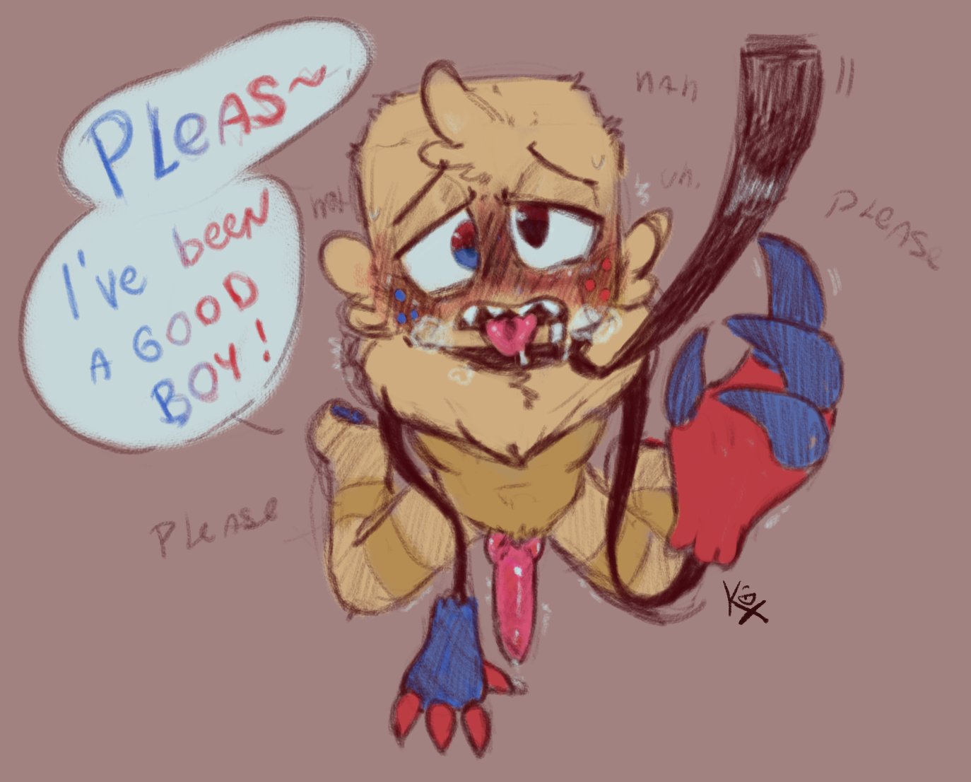 1boy, cattie6w6, collar, dandy's world, dialogue, gay, gay male, goob (dandy's world), knot, knotted penis, leash, male only, multicolored eyes, multicolored text, penis, petplay, roblox, tagme, text, yaoi
