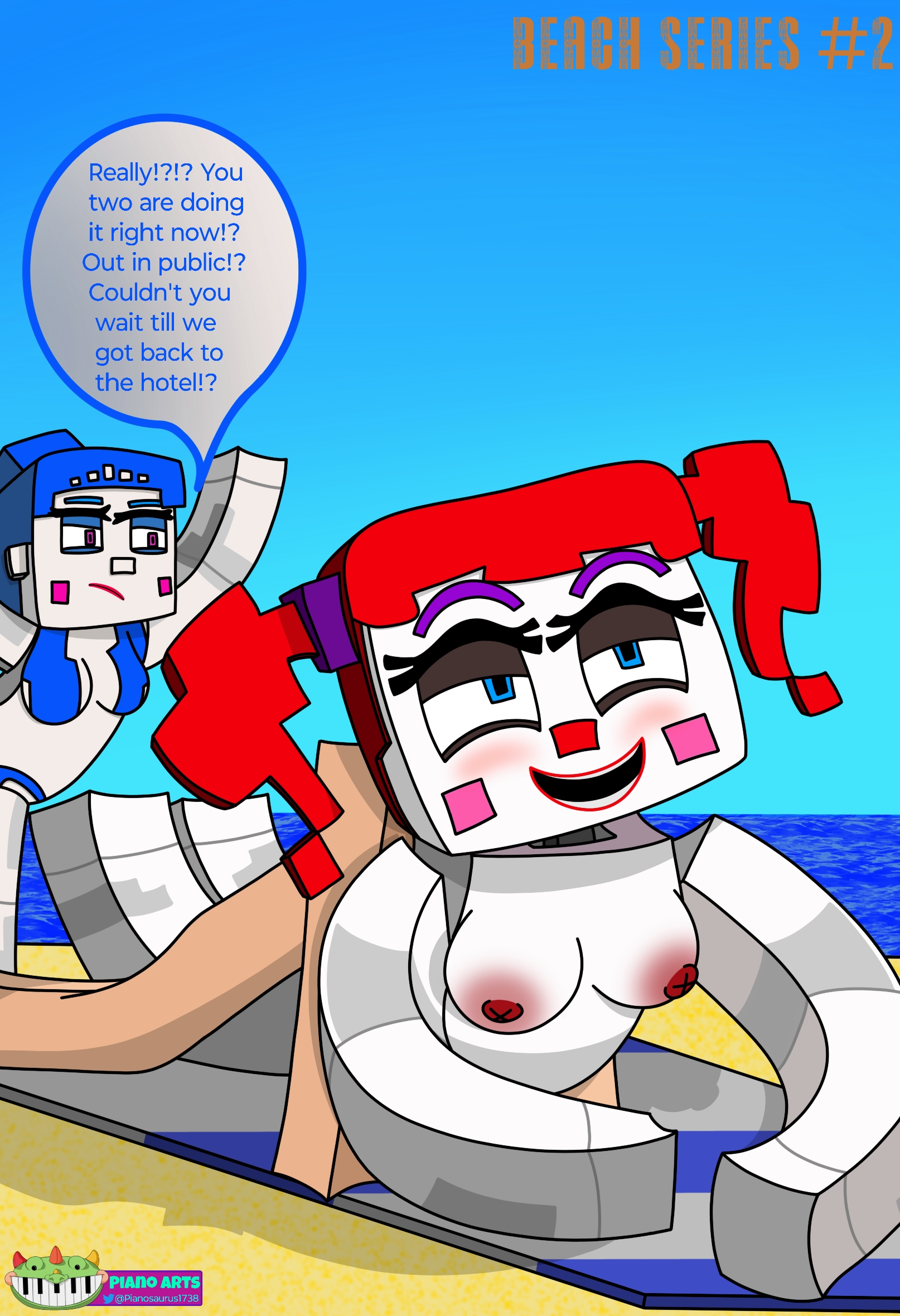 1boy, 2d, 2d (artwork), 2girls, ambiguous penetration, areolae, ballora, ballora (fnafsl), beach, beach background, beach sex, beach towel, bikini, blue eyes, blush, breasts, breasts out, circus baby, circus baby (fnaf), circus baby (minecraft), complaining, dialogue, enjoying sex, fazbear & friends, fazbear & friends (zamination), five nights at freddy's, five nights at freddy's: sister location, from behind, human, mad, male/female, minecraft, nipples, nude, nude female, nude male, on top, piano1738, pleasure face, public, public sex, red hair, robot, robot girl, sex, straight, swimwear, watching, watching from afar, watching sex, watermark, white skin, zamination