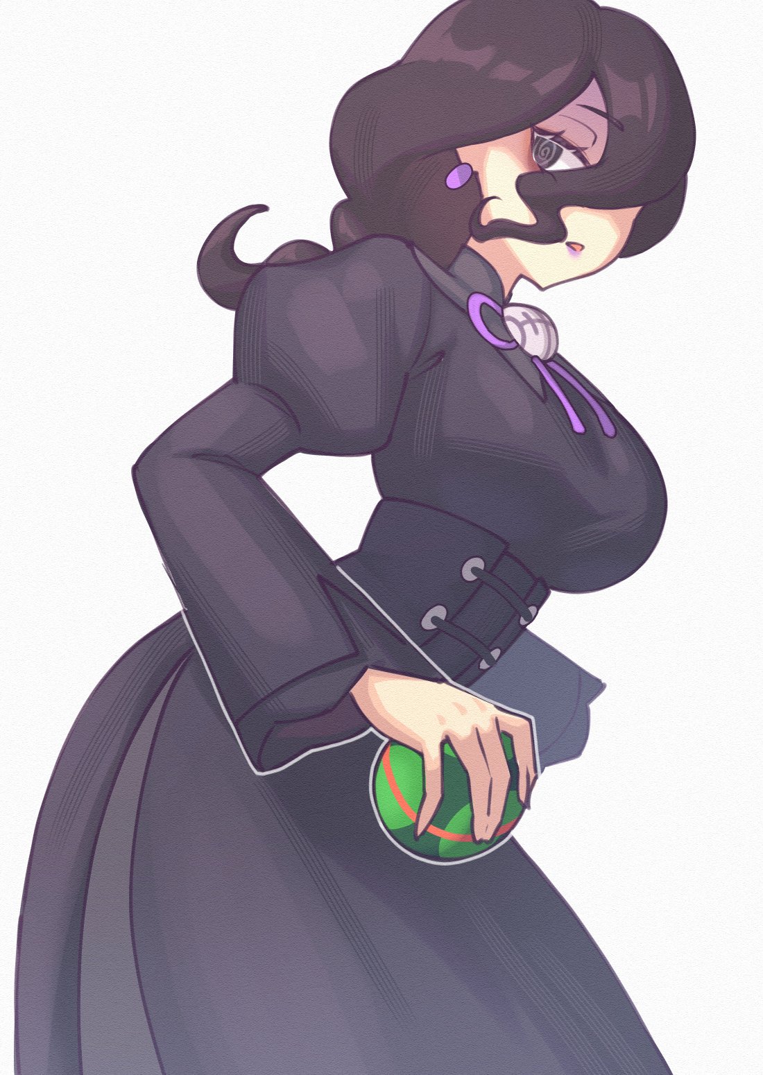 alternate breast size (larger), black corset, black dress, black eyes, black hair, breasts, commentary, corset, dress, earrings, english commentary, female, female only, hair over one eye, hex maniac, hex maniac (pokemon legends: z-a), highres, jewelry, large breasts, long sleeves, neck ribbon, nintendo, occult maniac, occult maniac (pokemon legends: z-a), occult maniac (pokemon), occult maniac (z-a), open mouth, pokemon, pokemon legends: z-a, ribbon, sher (imnotsher), solo, white background
