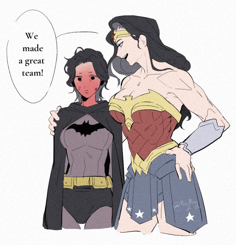 athletic, athletic female, batman, batman (series), blush, breasts, bryce wayne, cape, cleavage, clothed, clothes, clothing, dc, dc comics, female, female focus, female only, flustered, genderbent, genderswap (mtf), hand on shoulder, larger female, long hair, minjmingg, muscular, muscular biceps, muscular female, older female, rule 63, short hair, shorter female, smaller female, superheroine, taller female, thick thighs, thighs, tiara, wonder woman, wonder woman (series), younger female, yuri