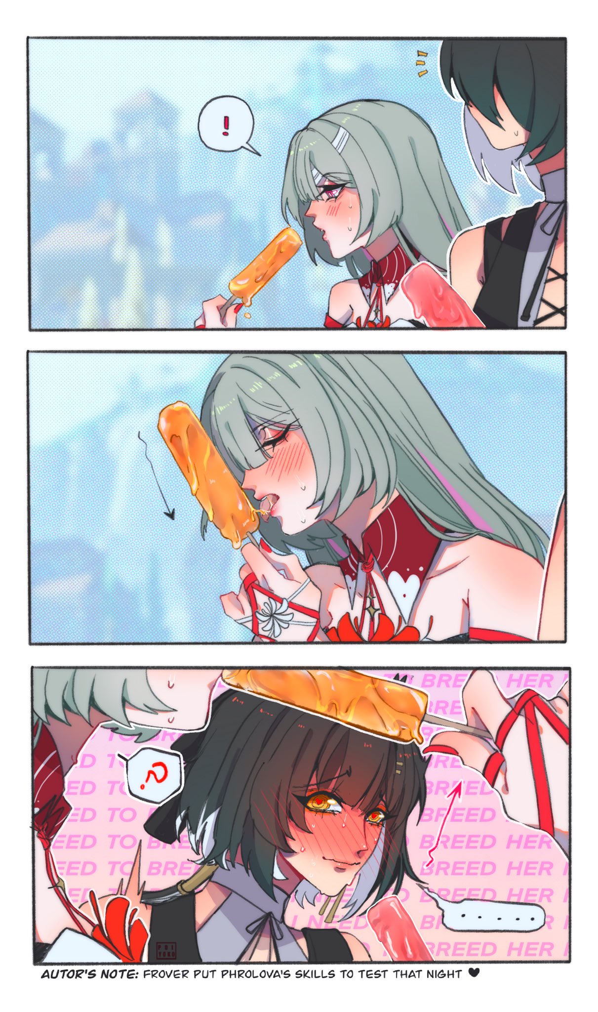 blush, clothed, clothes, clothing, female, female focus, female only, female rover (wuthering waves), intrusive thoughts, licking popsicle, pervert, phrolova, phrolova (wuthering waves), poiyoko, popsicle, popsicle in mouth, popsicle melting, rover (wuthering waves), short hair, sucking popsicle, suggestive, suggestive gesture, suggestive look, suggestive pose, wuthering waves