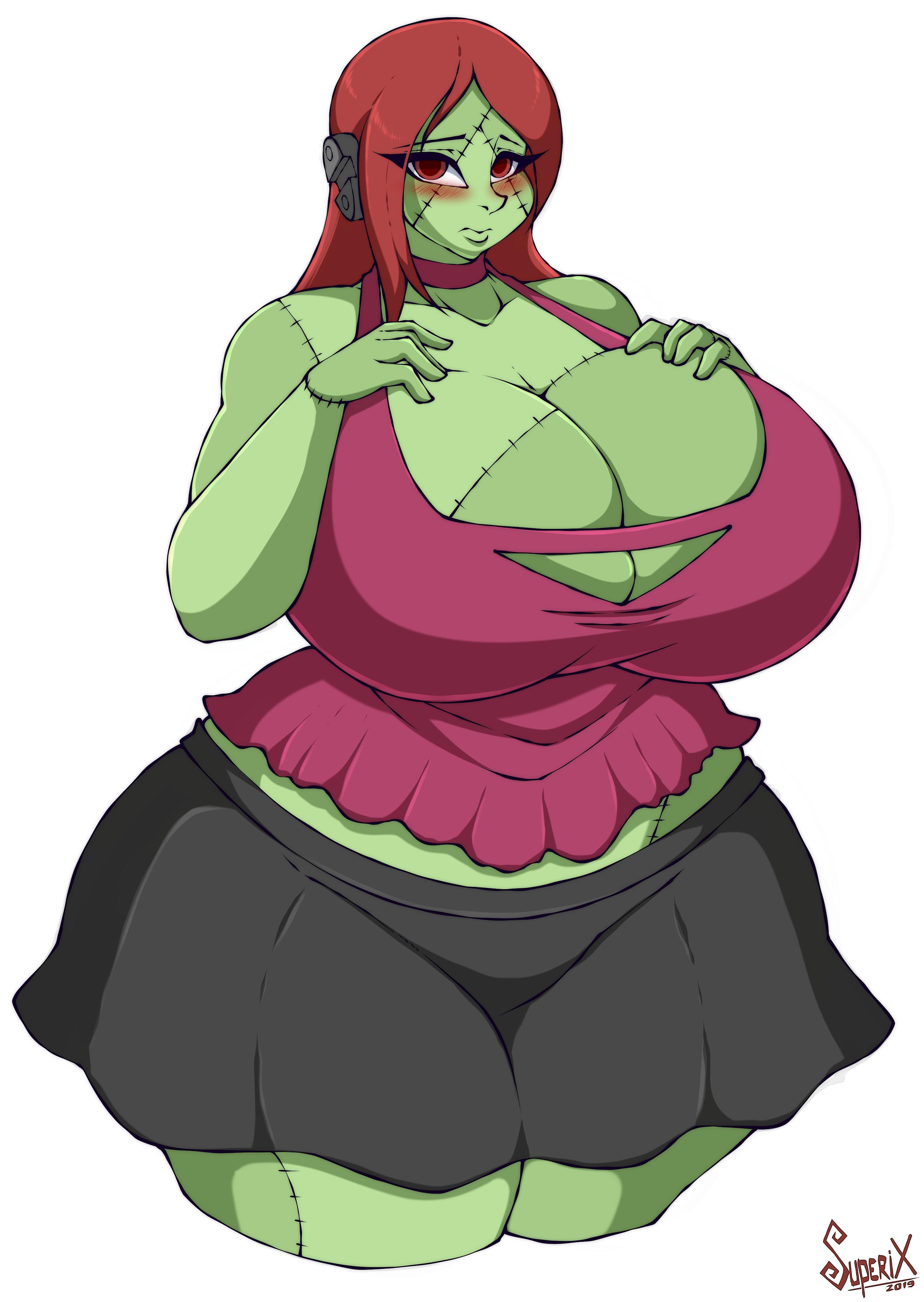 1girls, 2019, 4k, absurd res, artist name, big breasts, breasts, busty, choker, cleavage, curvaceous, curvy, curvy body, curvy female, curvy figure, digital drawing (artwork), digital media (artwork), eyelashes, female, female focus, female only, fingers, green body, green skin, hi res, hourglass figure, huge breasts, large breasts, looking at viewer, red body, red eyes, simple background, skirt, solo, standing, stitch (sewing), superix, tank top, thick thighs, undead, voluptuous, watermark, white background, wide hips, zombie, zombie girl, zuzu (superix)