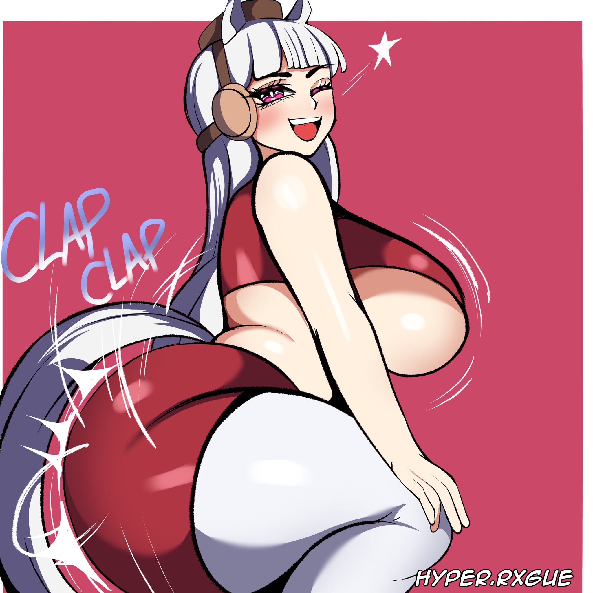 1girl, 1girls, animal ears, ass, ass clapping, ass focus, ass shake, belly, bent over, big ass, big breasts, blushing, blushing at viewer, bottomless, bottomless female, bouncing breasts, breasts, chubby, clapping cheeks, clothing, crouching, dialogue, exposed midriff, fat ass, female, female only, gold ship (umamusume), horse girl, huge ass, hyperrxgue, large ass, large breasts, long hair, looking at viewer, looking back, looking pleasured, massive ass, motion lines, pink eyes, rear view, rippling ass, shaking ass, showing off, showing off ass, smile, solo, solo female, solo focus, squatting, tail, thick ass, thick thighs, throwing it back, twerking, umamusume, umamusume pretty derby, underboob, white hair, white tail, wide hips, wink, winking at viewer