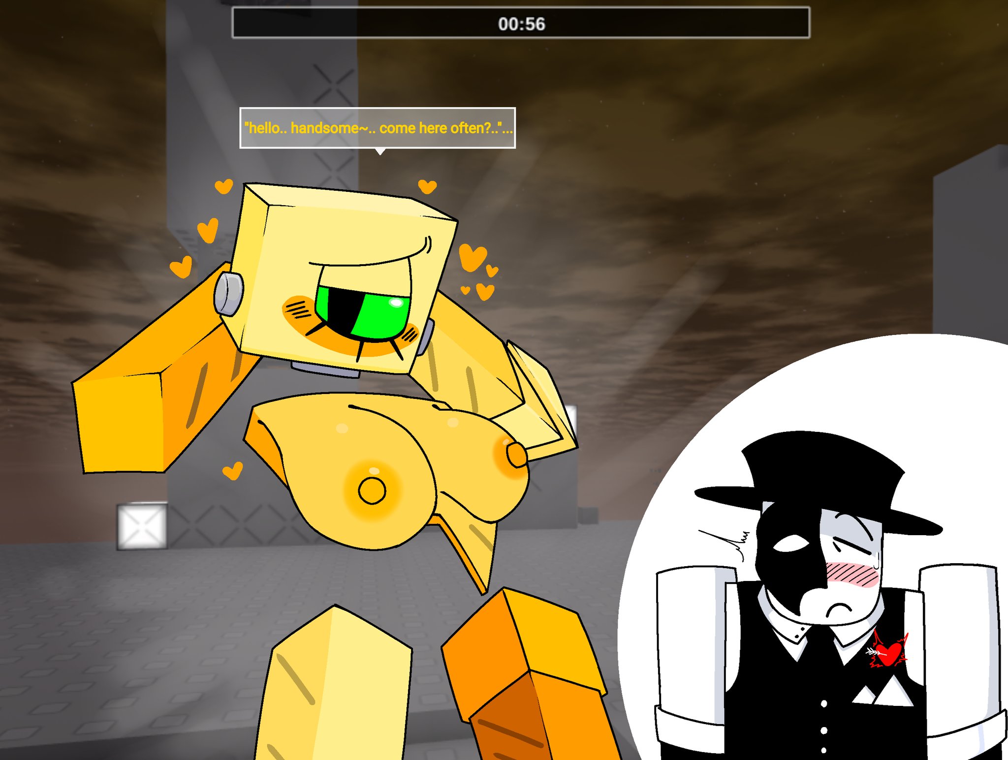 1boy, 1girls, 3d background, altpho, areolae, artful (die of death), breasts, dialogue, die of death (roblox), english text, harken (die of death), nipples, roblox, roblox background, roblox game, robloxian, screencap background, speech bubble, tagme, text