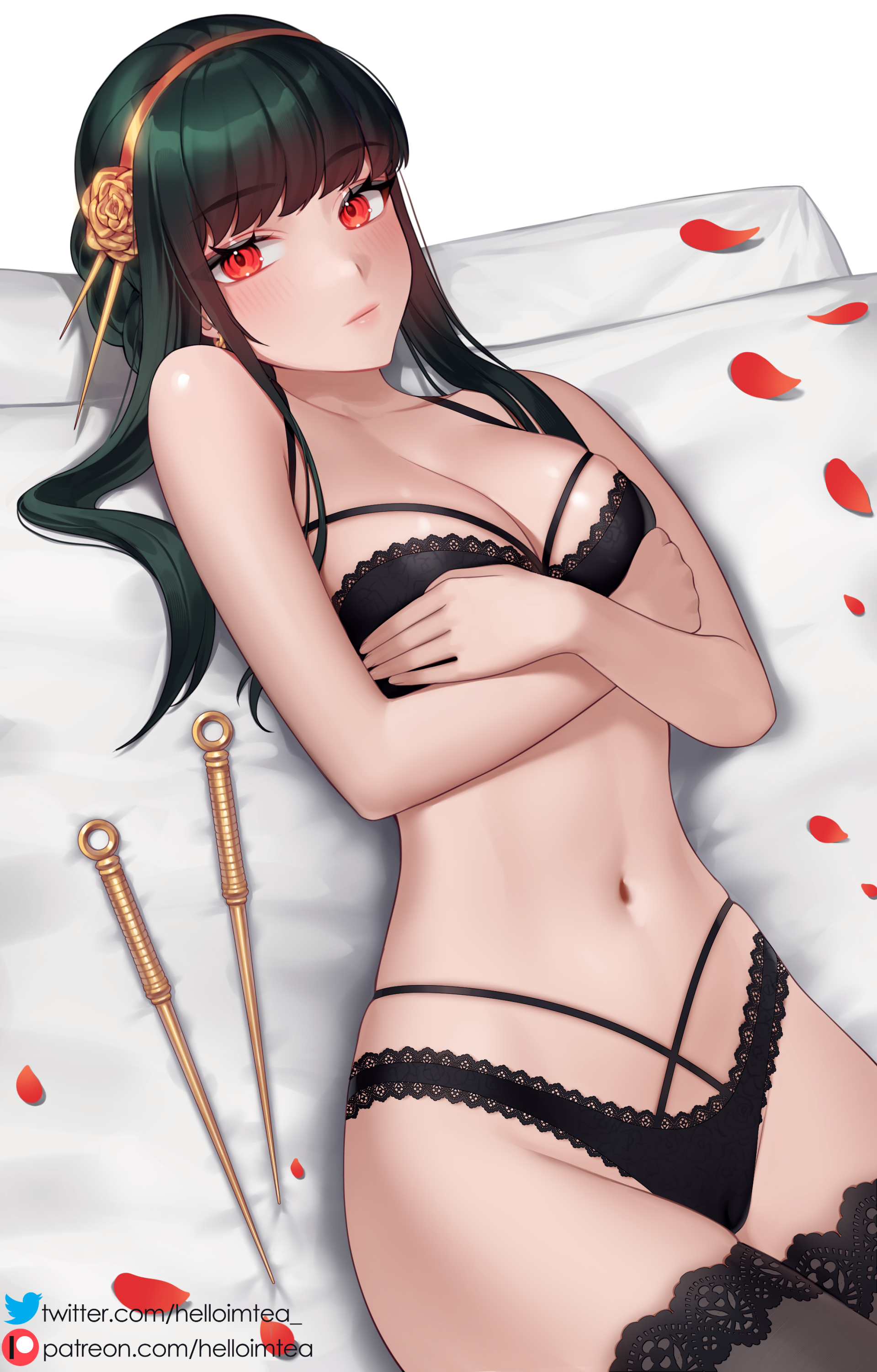 1girls, assassin, bare shoulders, belly, big breasts, black bra, black hair, black legwear, black lingerie, black panties, black stockings, black underwear, blush, bra, breasts, cleavage, covering, covering breasts, female, female only, hair accessory, hands under breasts, helloimtea, highres, legwear, light skin, light-skinned female, lingerie, lips, long hair, looking at viewer, lying, lying on back, nails, navel, nose, on back, panties, petals, red eyes, solo, spy x family, stiletto (weapon), stocking, thighs, thorn princess, underwear, waist, wide hips, yor briar
