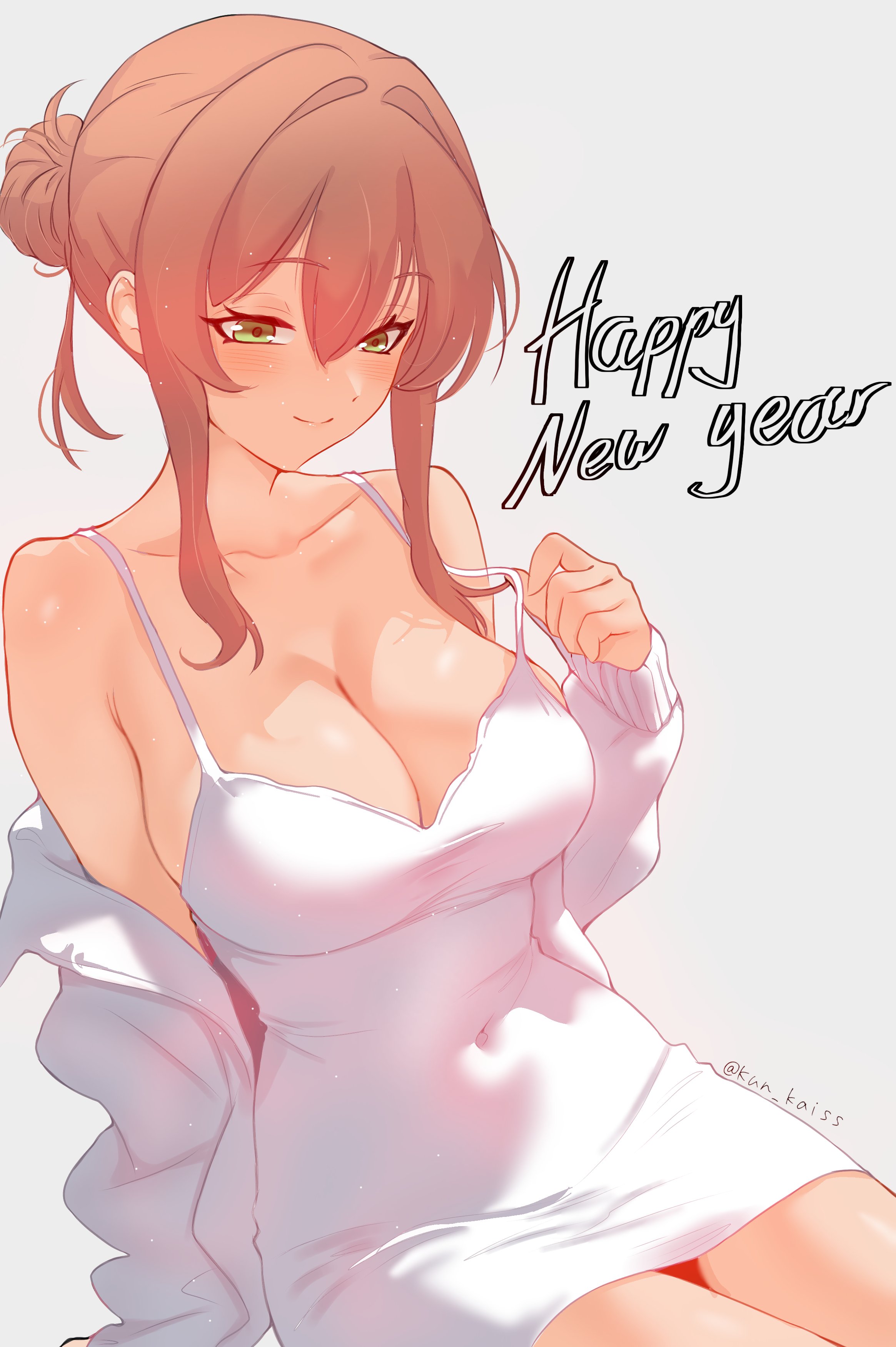 1girls, 2026, alternate hairstyle, artist name, big breasts, blush, breasts, brown hair, busty, cleavage, clothed, clothing, doki doki literature club, dress, female, female only, green eyes, hair between eyes, hair intakes, happy new year, jacket, jacket down, kun kaiss, large breasts, light skin, light-skinned female, long sleeves, monika (doki doki literature club), navel, sidelocks, sitting, smile, solo, solo female, thick thighs, thighs, white clothing, white dress, white jacket