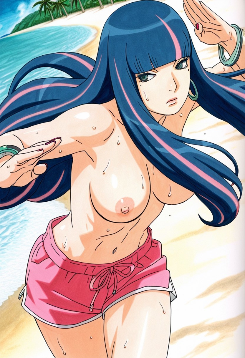 1girls, accurate art style, ada (boruto), ai generated, beach, beach background, boruto: two blue vortex, female only, manga style, masashi kishimoto style, multicolored hair, naruto, naruto (series), on beach, showing off