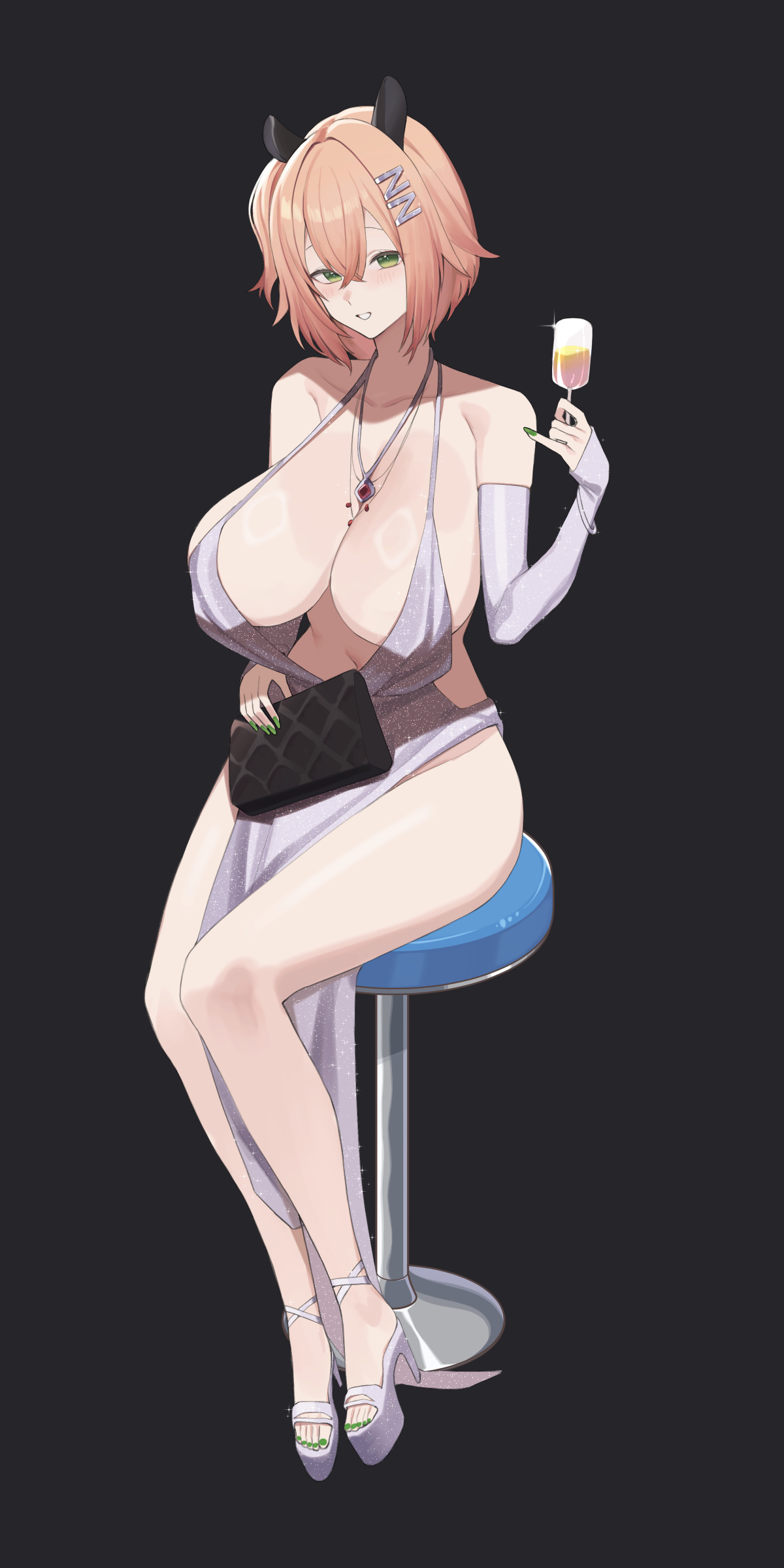 absurdres, animal ears, backless dress, backless outfit, bar stool, breasts, brown hair, commentary, cup, dress, drinking glass, elbow gloves, english commentary, gloves, green eyes, hair ornament, hairclip, high heels, highres, holding, holding cup, huge breasts, indie virtual youtuber, jewelry, kurowanjjyang, necklace, nimi nightmare, plunging neckline, revealing clothes, second-party source, short hair, sitting, solo, stool, tapir ears, tapir girl, virtual youtuber