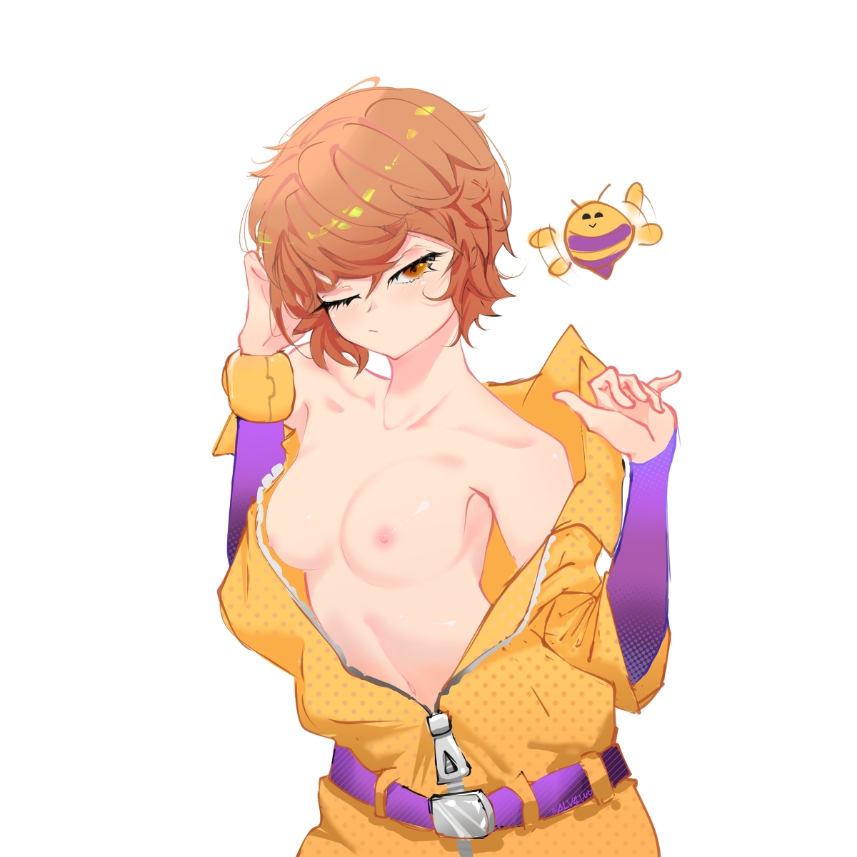 1girls, alv4wu (artist), bea (brawl stars), bee, brawl stars, brown eyes, brown hair, female, looking at viewer, one eye closed, tagme, undressing