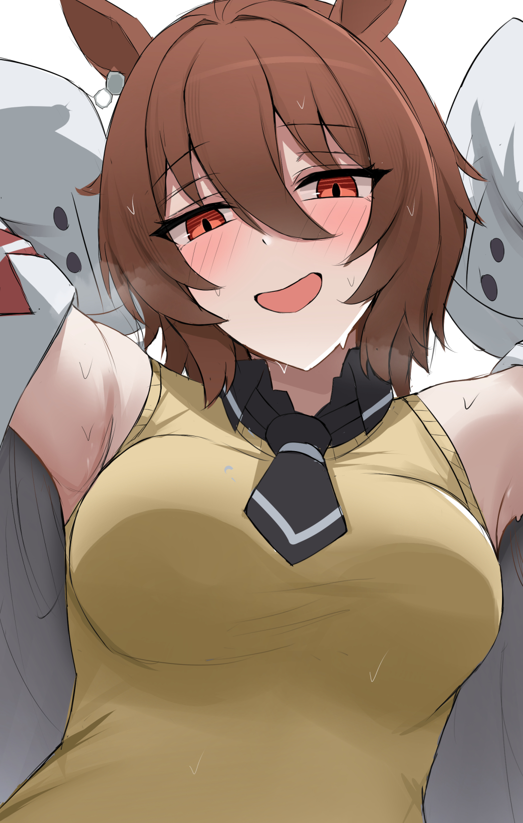 :d, 1girls, agnes tachyon (umamusume), animal ears, armpits, arms behind head, arms up, black necktie, blush, breasts, brown hair, chemical structure, commentary, earrings, female, hair between eyes, highres, horse ears, horse girl, jewelry, lab coat, long sleeves, looking at viewer, medium breasts, medium hair, namikare, necktie, open mouth, red eyes, short necktie, simple background, single earring, sleeves past fingers, sleeves past wrists, smile, solo, steaming body, sweat, sweater vest, umamusume, upper body, white background, yellow sweater vest