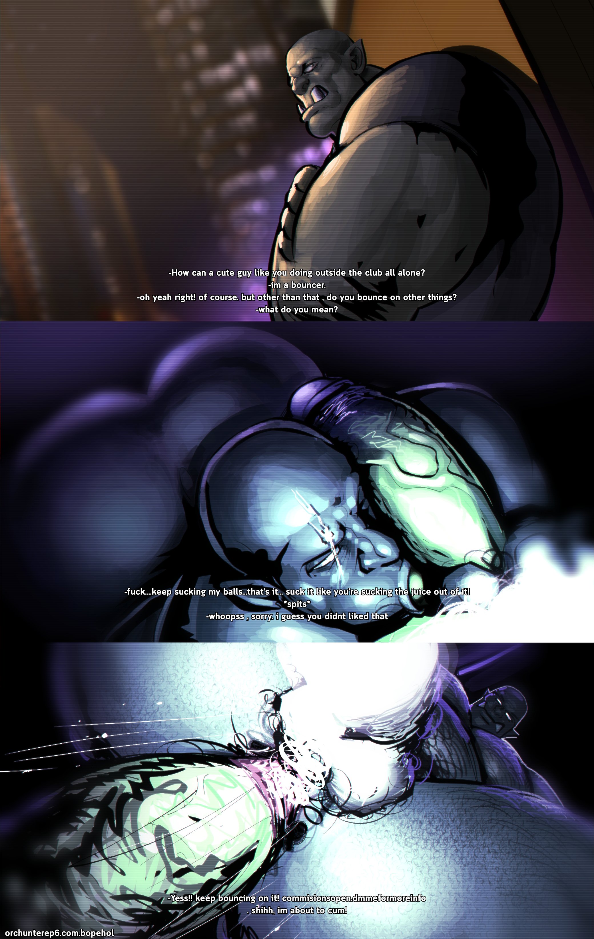 2boys, anal, anal sex, ass, balls, bara, big ass, big butt, big penis, blowjob, bopehol, bubble ass, bubble butt, clothed, clothing, comic, dialogue, english text, fully clothed, gay, gay sex, green body, green skin, huge ass, huge butt, large ass, male, male only, male penetrated, male penetrating, male penetrating male, male/male, muscular, muscular male, oral, oral sex, orc, penetration, penis, pubic hair, sex, shirt, text, topwear