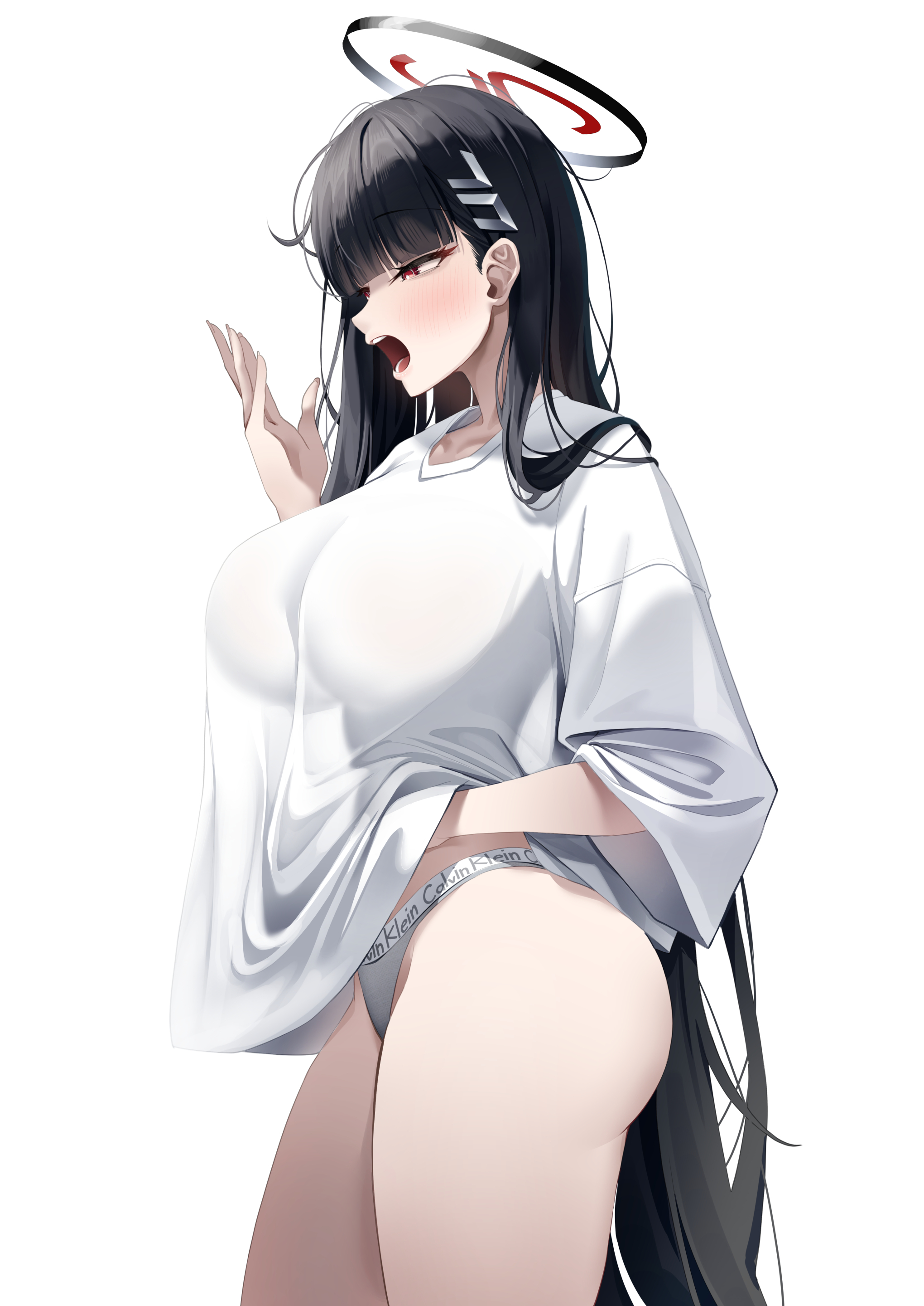 absurdres, black hair, black halo, blue archive, blush, breasts, commentary request, female, fingernails, from side, halo, hand up, highres, lancheu, large breasts, long hair, multicolored halo, open mouth, red eyes, red halo, rio (blue archive), shirt, simple background, solo, two-tone halo, underwear, very long hair, white background, white shirt