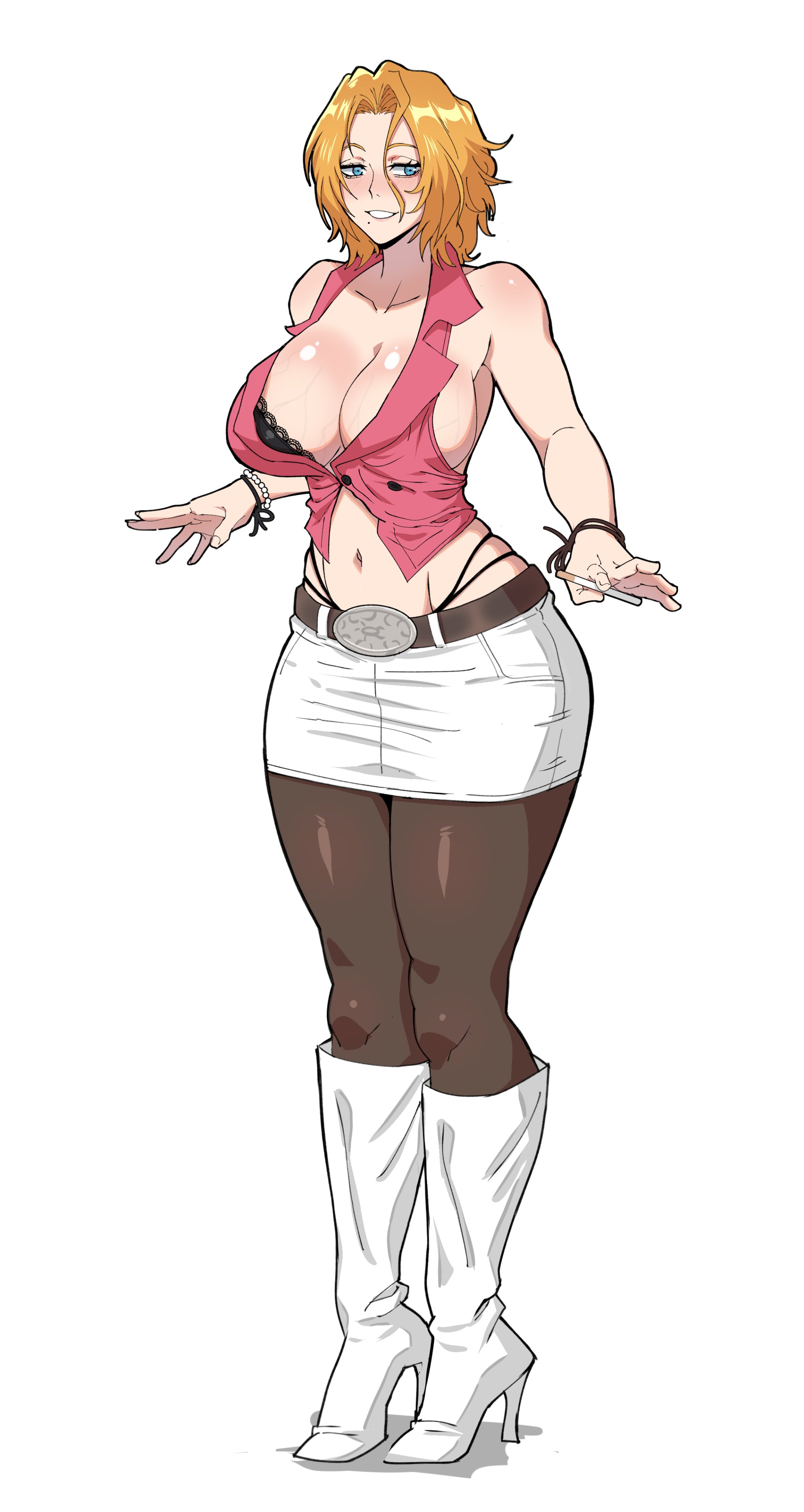1girls, absurdres, bare shoulders, black bra, bleach, blue eyes, blush, boots, bra, bracelet, breasts, cigarette, cleavage, collarbone, female, female only, high heel boots, high heels, highres, jewelry, large breasts, matsumoto rangiku, mg99, mg991998, mole, mole under mouth, orange hair, shiny skin, short hair, sideboob, skirt, thong, underwear, veins, veiny breasts, white background, white boots, white skirt