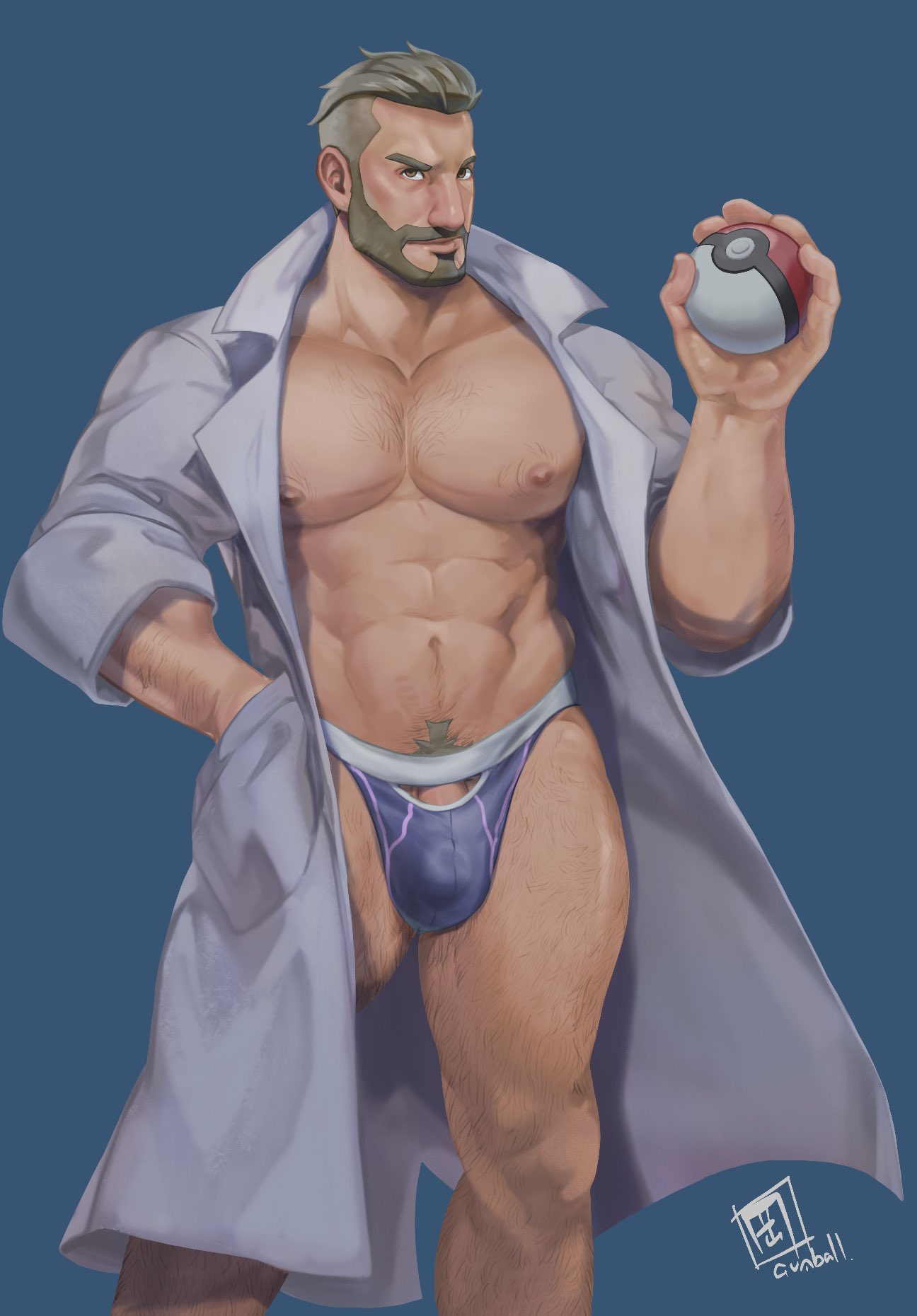 balls, bara, beard, bulge, facial hair, gay, gumball/benoitxie, human, labcoat, male, male only, muscles, muscular, nintendo, npc trainer, penis, pokemon, pokemon sv, professor turo, solo, solo male, yaoi