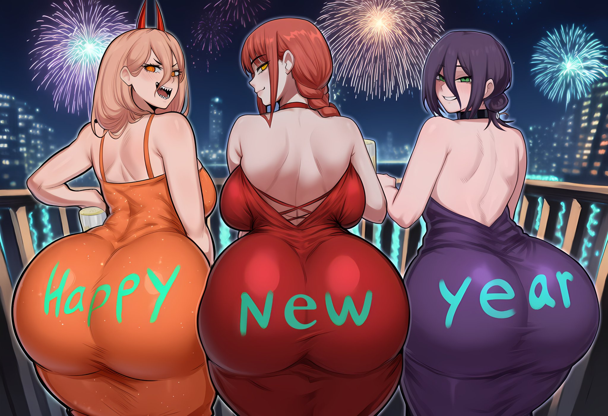 3girls, ai generated, ass, ass focus, backless dress, bare shoulders, blonde hair, braided ponytail, bubble butt, chainsaw man, dress, dumptruck ass, female, female only, fireworks, green eyes, happy new year, horns, large ass, looking at viewer, looking back, low ponytail, makima (chainsaw man), orange dress, orange eyes, pale skin, pale-skinned female, ponytail, power (chainsaw man), purple dress, purple hair, rayasox, red dress, red hair, reze (chainsaw man), sharp teeth, shonen jump, spankable ass, yellow eyes